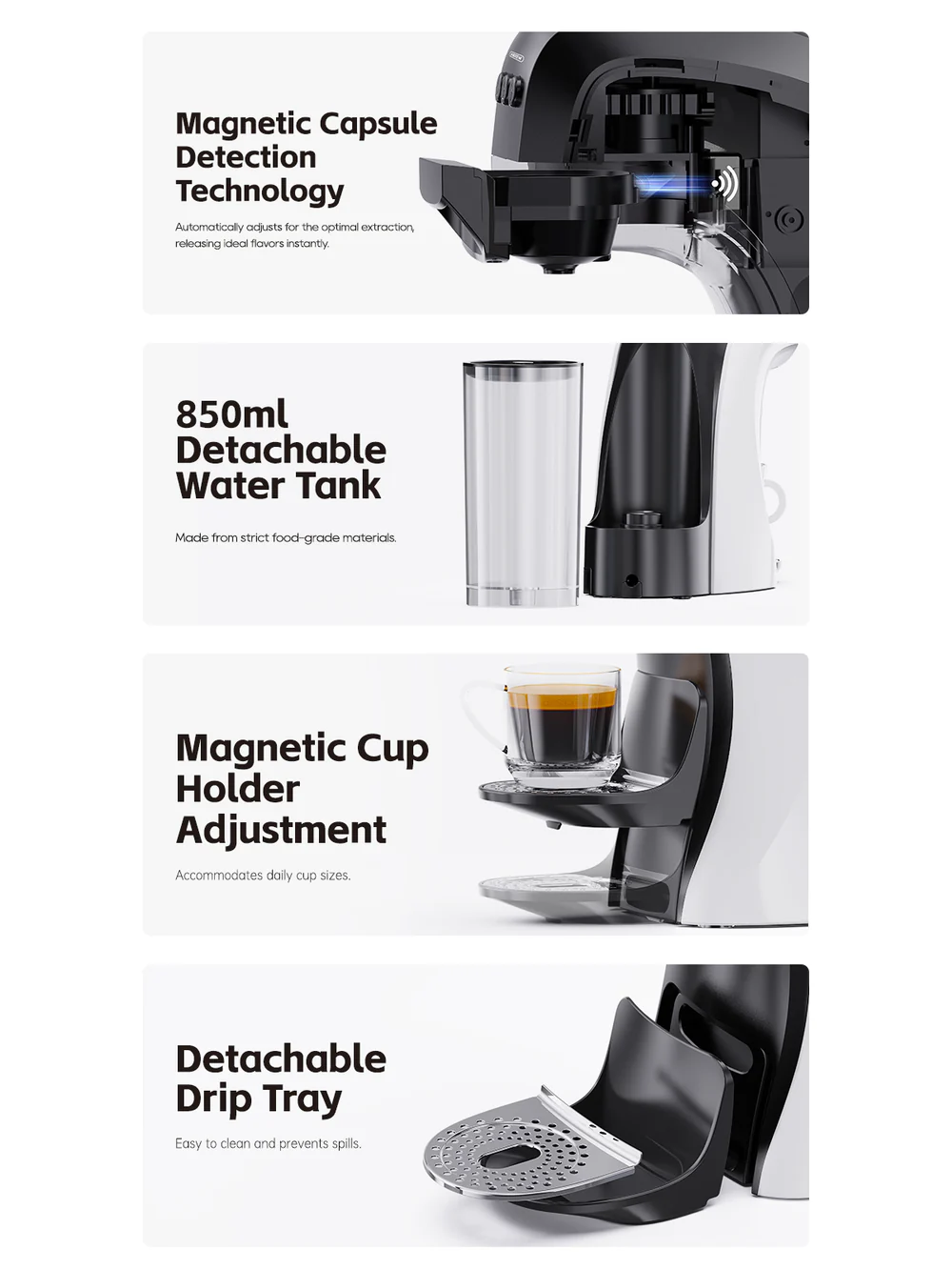 Cafetera características: detección magnética de cápsulas, depósito de agua de 850ml, portavasos ajustable, bandeja goteo.