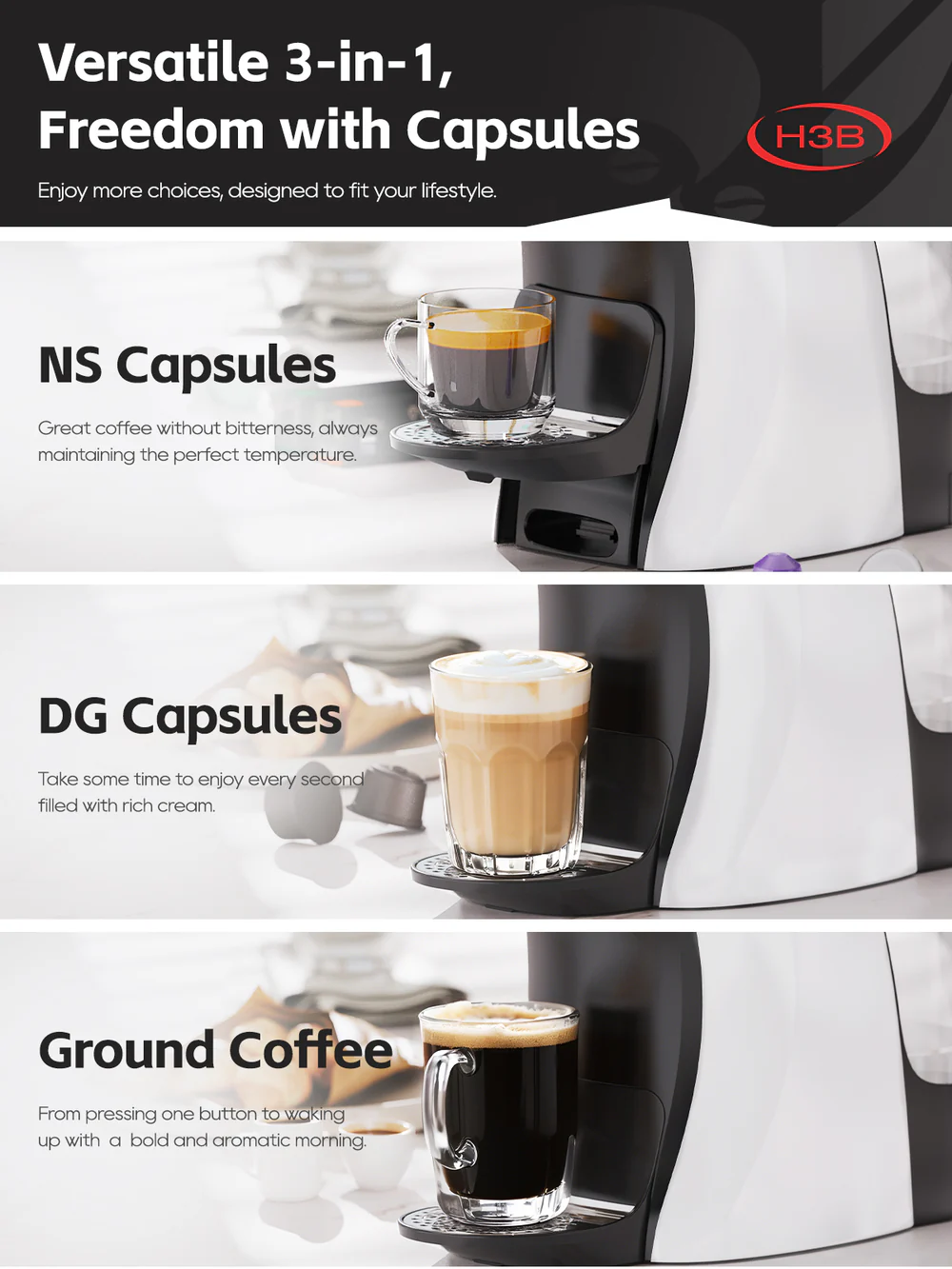 Máquina de café con tres opciones: cápsulas NS, cápsulas DG y café molido.