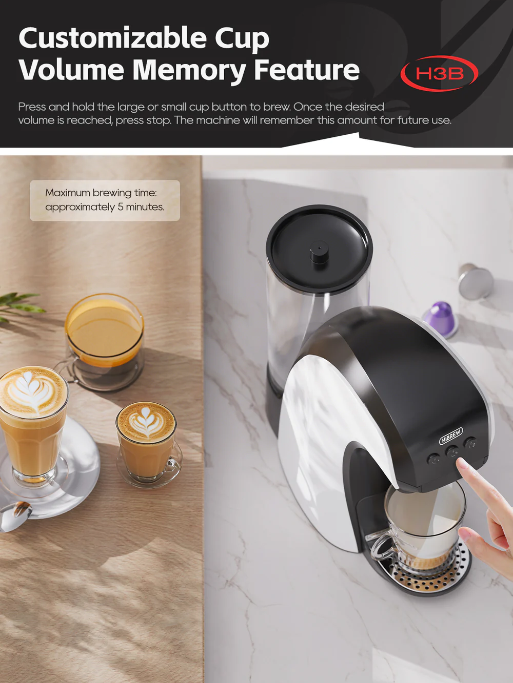 Máquina de café con dos tazas de café, una con latte art y cápsulas.