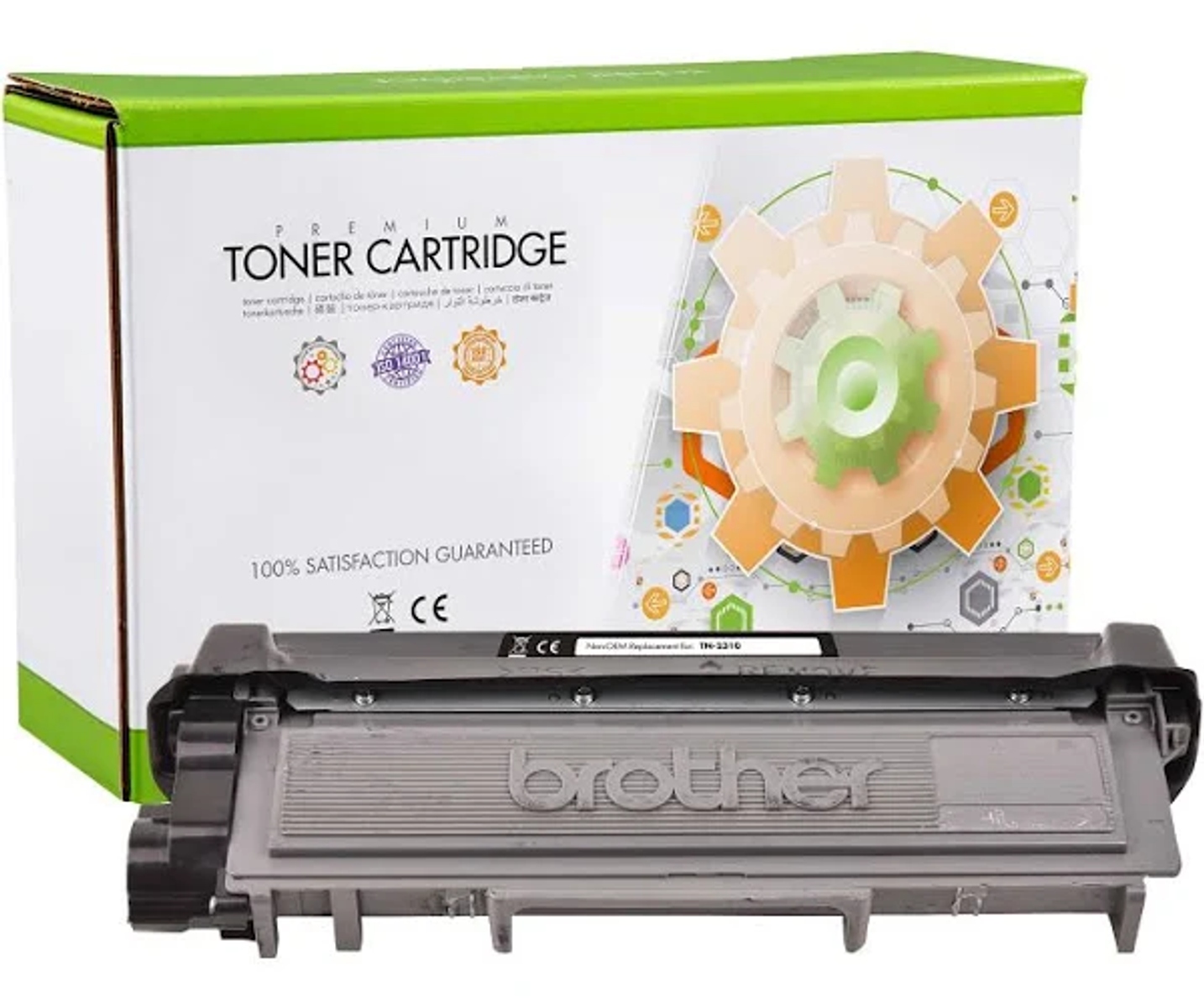 Una cartuccia toner Brother con grafica a ingranaggi verdi e arancioni sulla scatola.