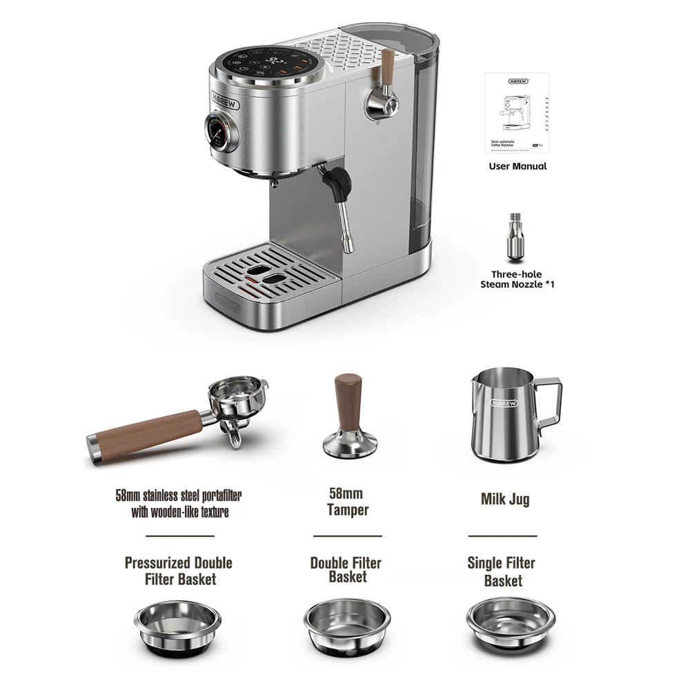 Máquina de espresso con accesorios: portafiltro, tamper, jarra de leche, filtros.