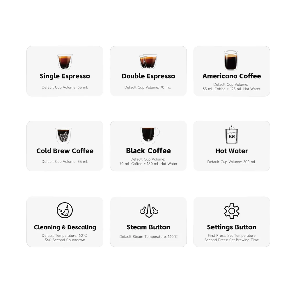 Menú de café: Espresso, Americano, Cold Brew, Café Negro, Agua Caliente.