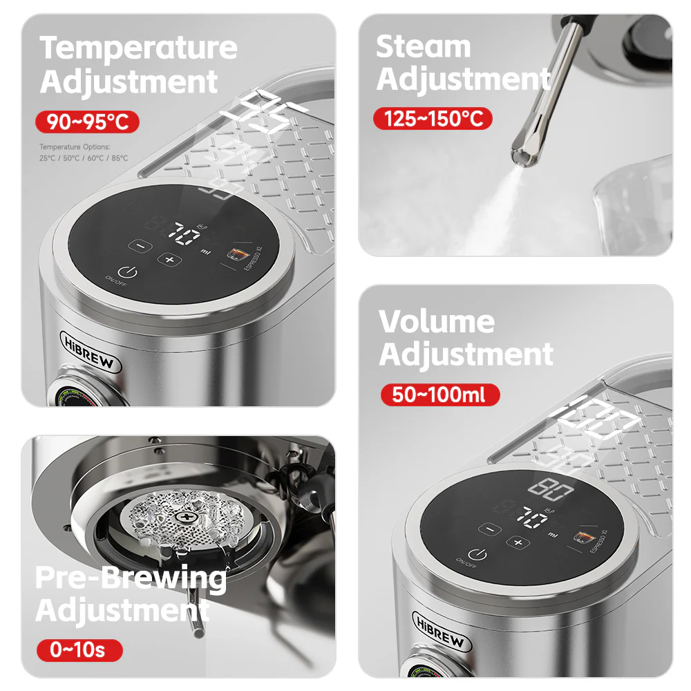 Primeros planos de una cafetera que muestran ajustes de temperatura, vapor y volumen.