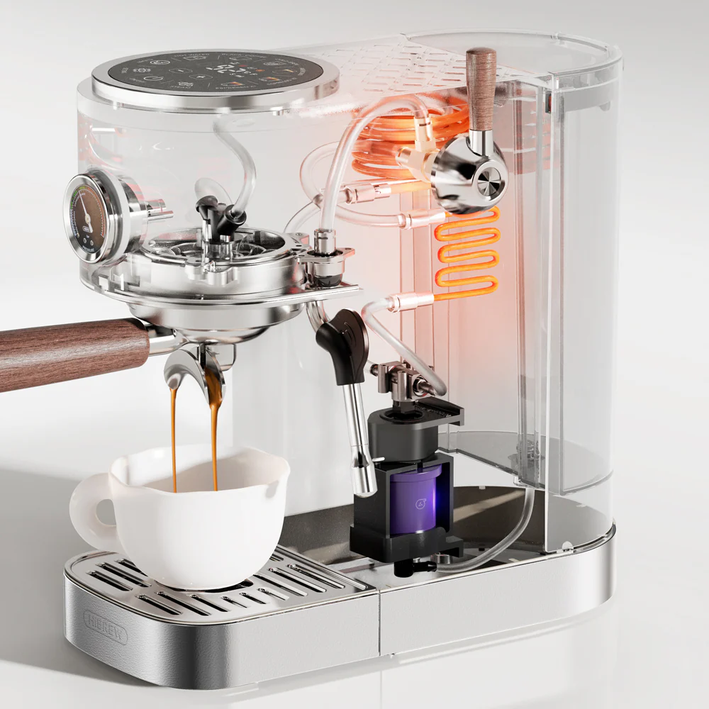 Máquina de espresso con vista de corte que muestra el funcionamiento interno y la espiral de calentamiento.