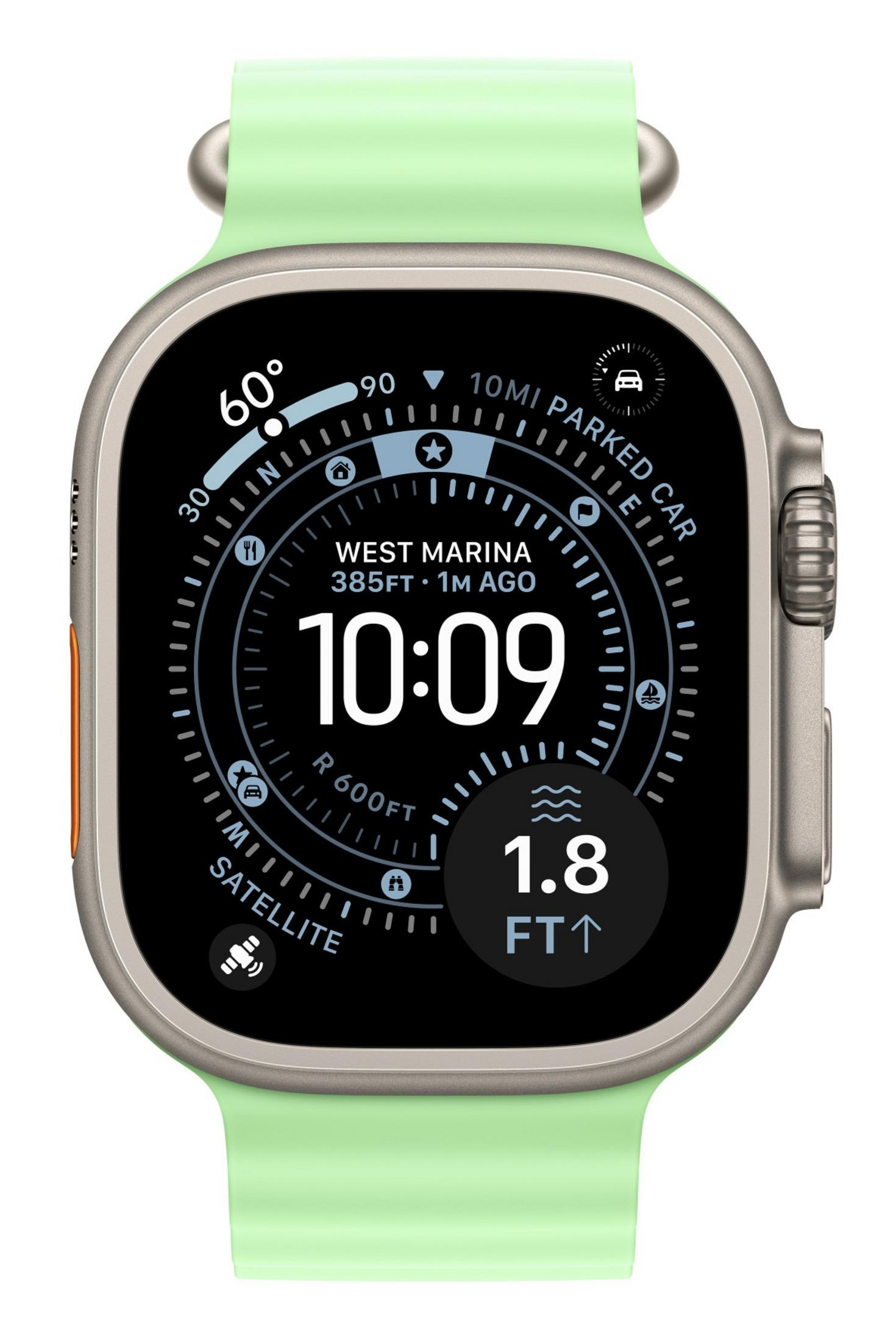 Uno smartwatch con cinturino verde chiaro mostra 10:09, 60 gradi e 1,8 piedi di altitudine.