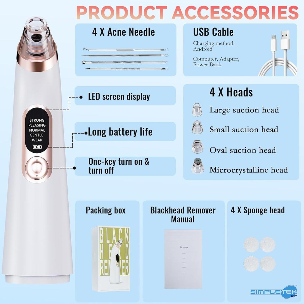 Accessori prodotto: aspiratore punti neri, aghi, testine, cavo USB, spugnette, manuale, scatola.