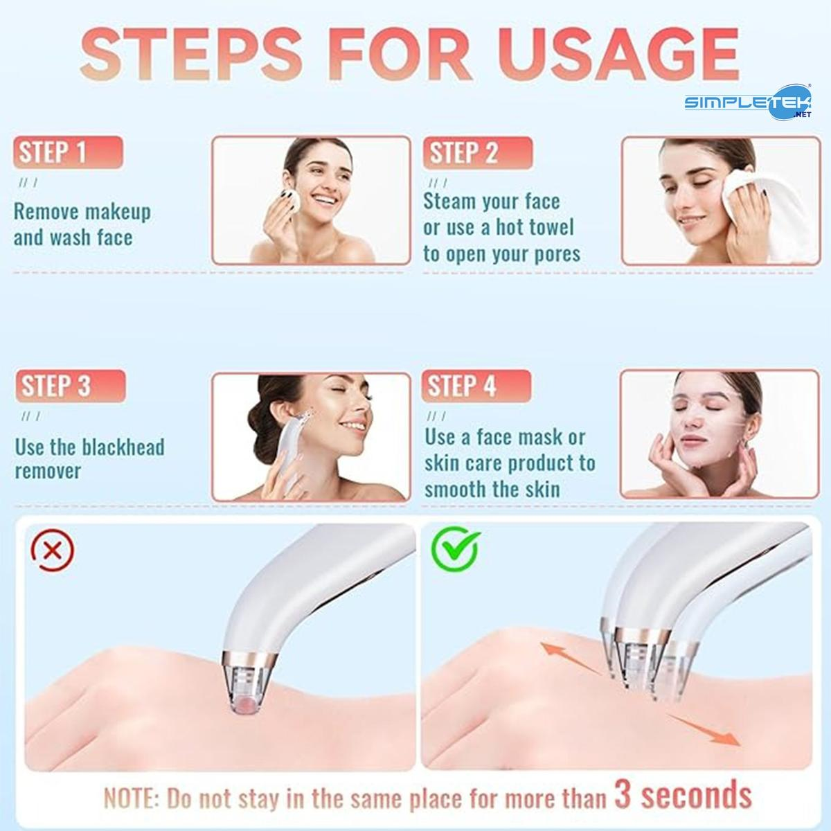 Passaggi per l'uso: Lavare il viso, vapore, usare un rimuovi punti neri, applicare una maschera. Evitare di stare <gt/>3s.