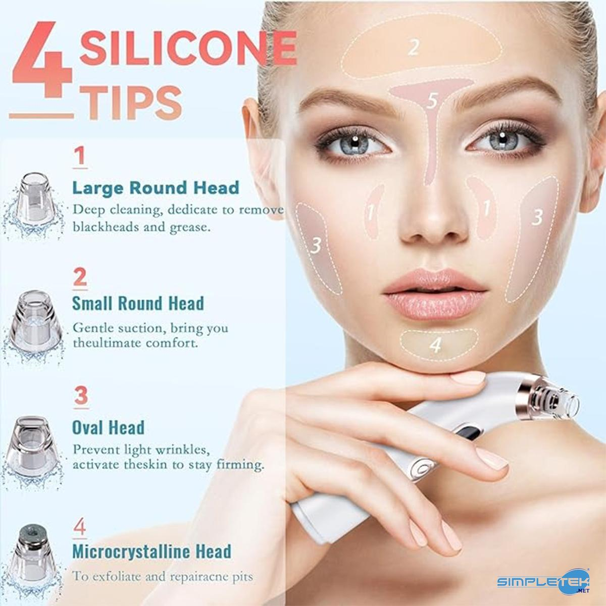Infografica che mostra 4 punte in silicone per un dispositivo di pulizia del viso e zone numerate su un viso.