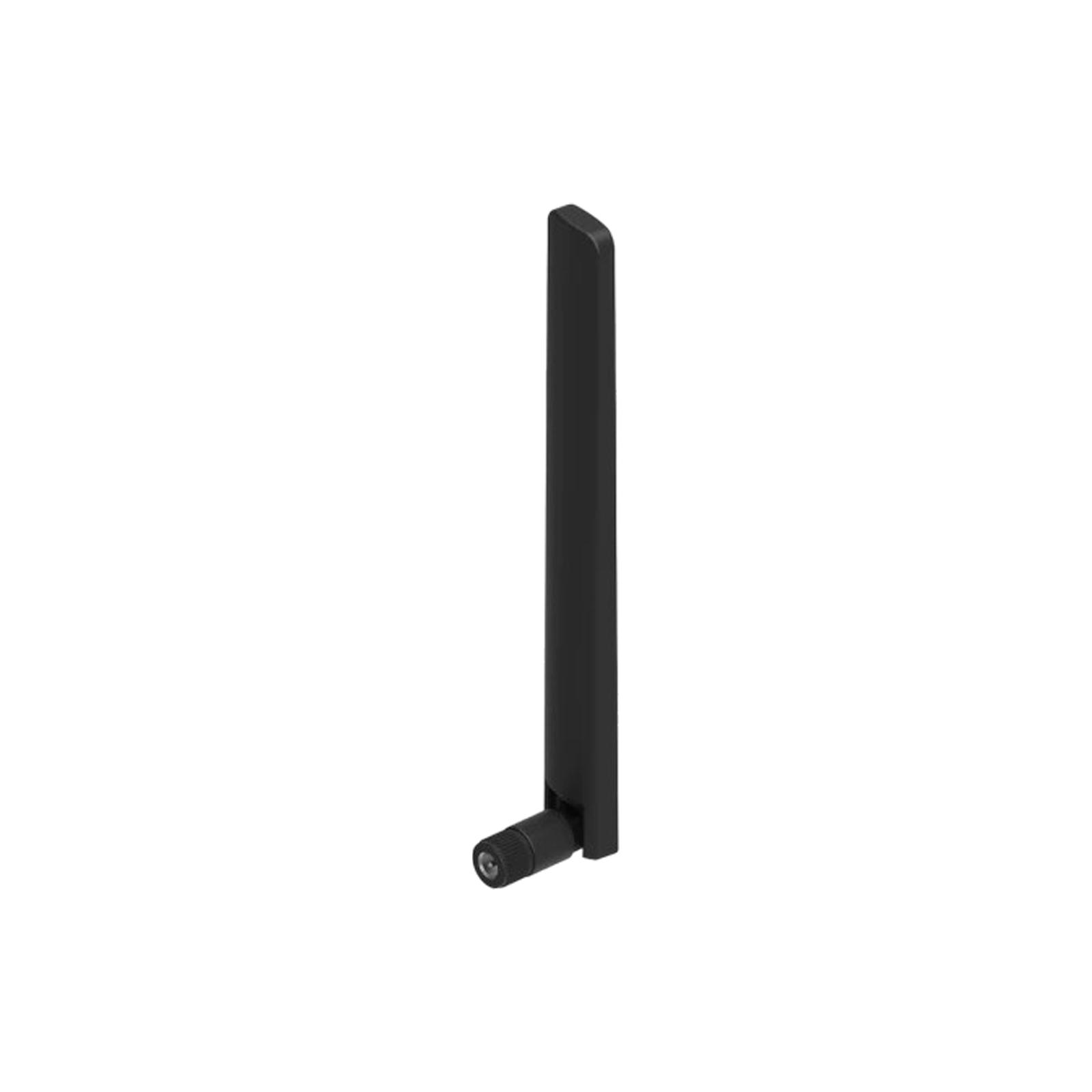 Un'antenna nera con connettore a vite su sfondo bianco.