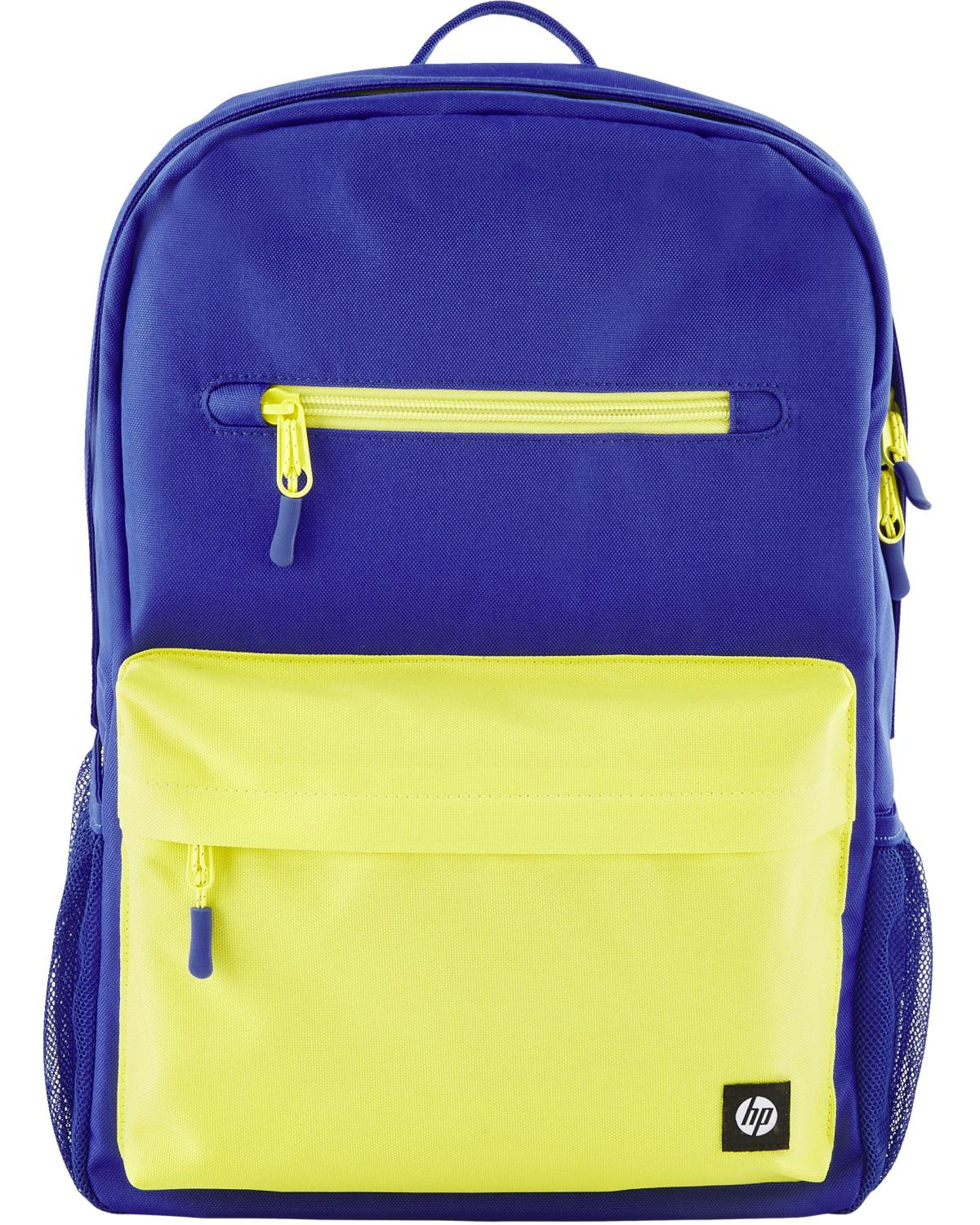 Uno zaino blu con tasca frontale gialla e zip gialle. Ha tasche laterali in rete.