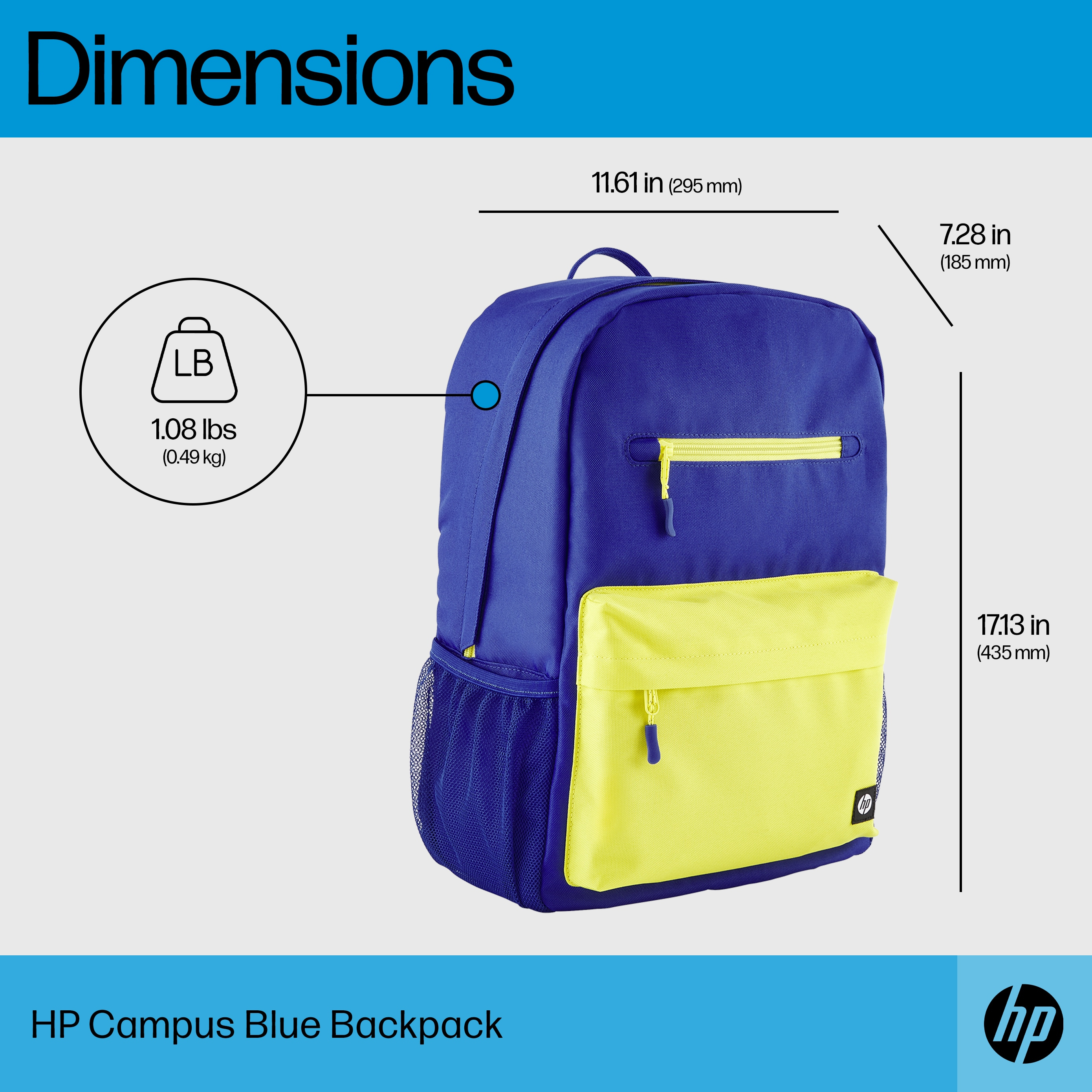 Zaino HP blu e giallo dimensioni: 11,61x7,28x17,13 pollici. Peso 1,08 libbre.
