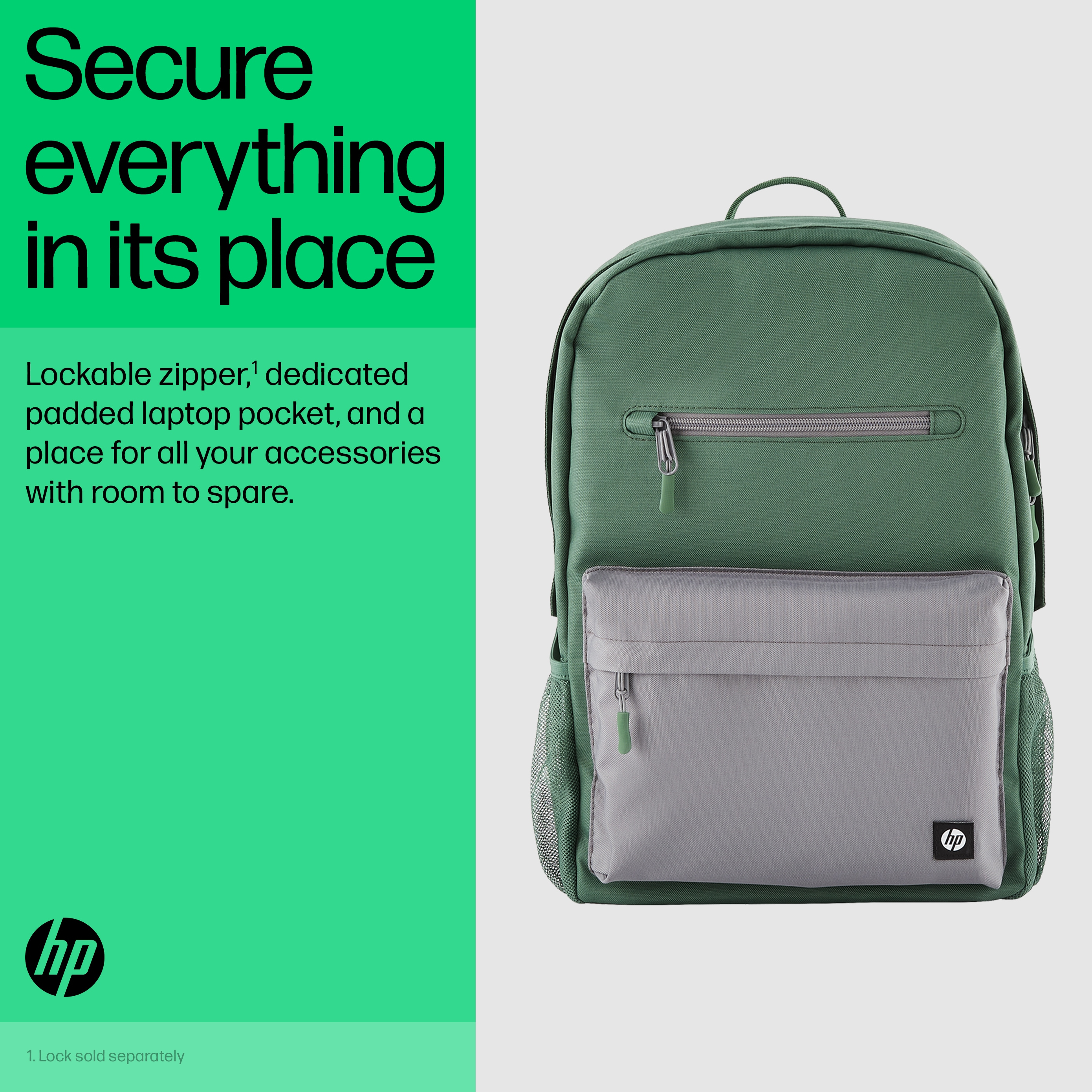 Uno zaino verde con tasca frontale grigia e logo HP.