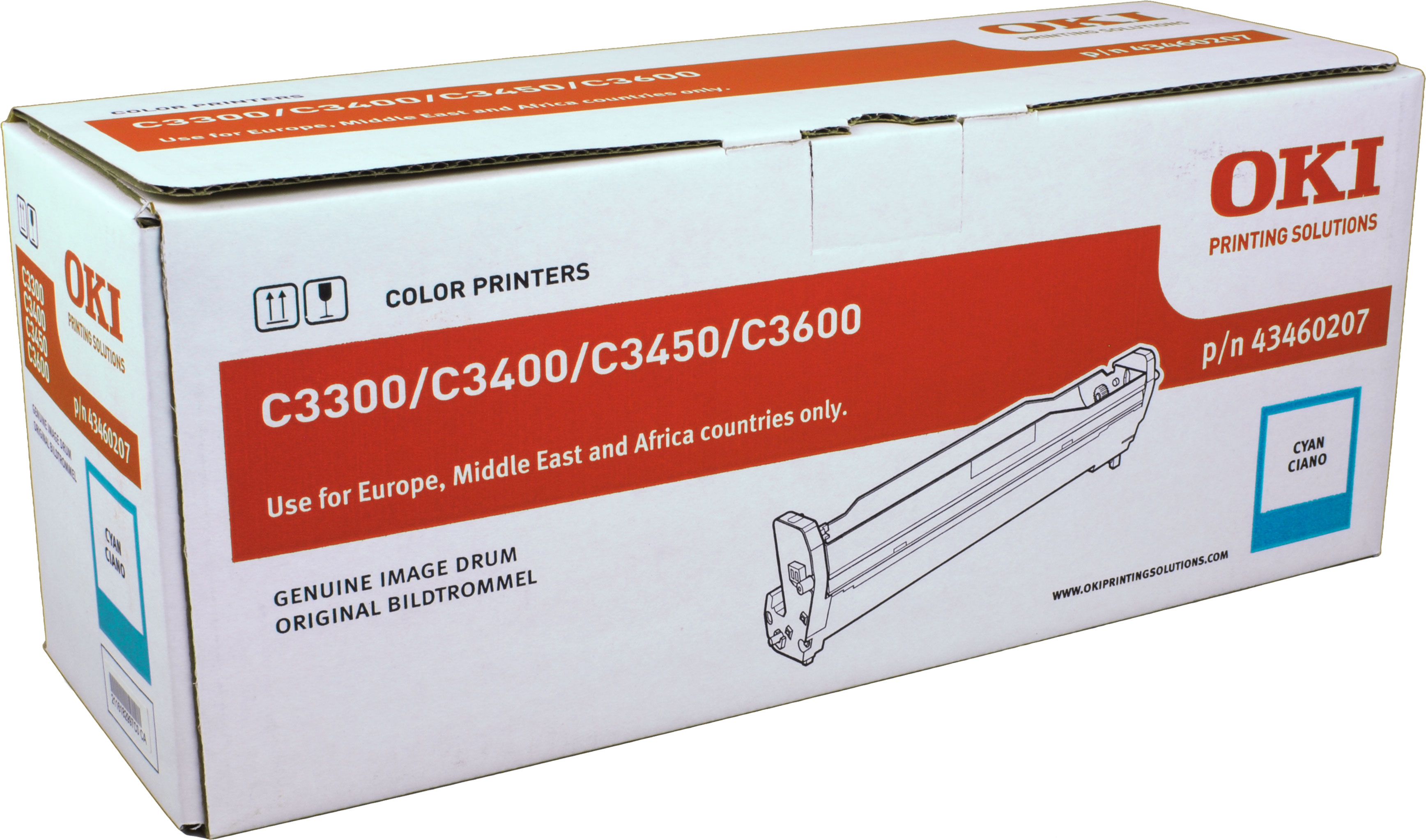 Scatola bianca OKI per stampante con accenti rossi, mostra tamburo ciano per stampanti C3300-C3600.
