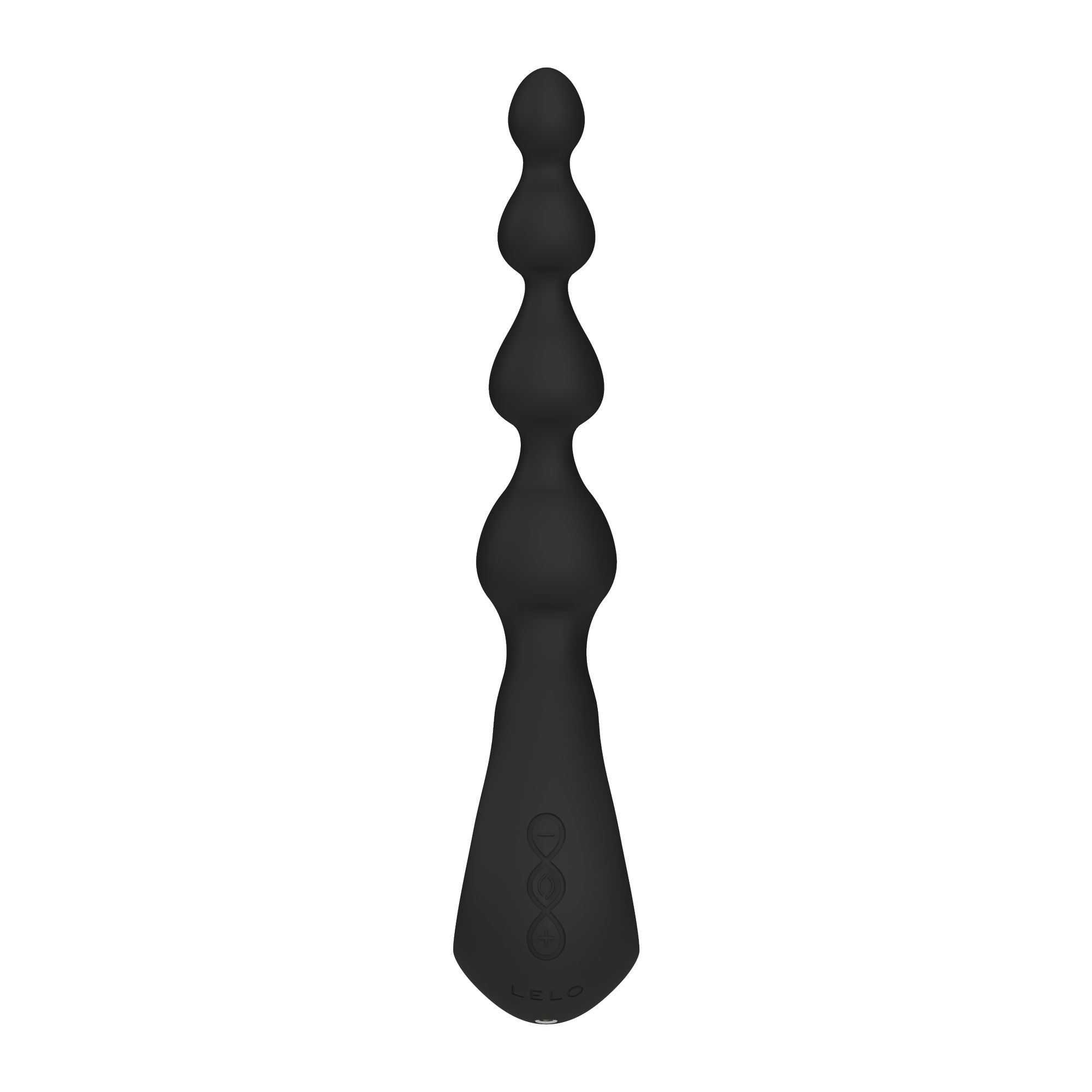 Un vibrador negro con forma de lágrima y tres segmentos bulbosos.