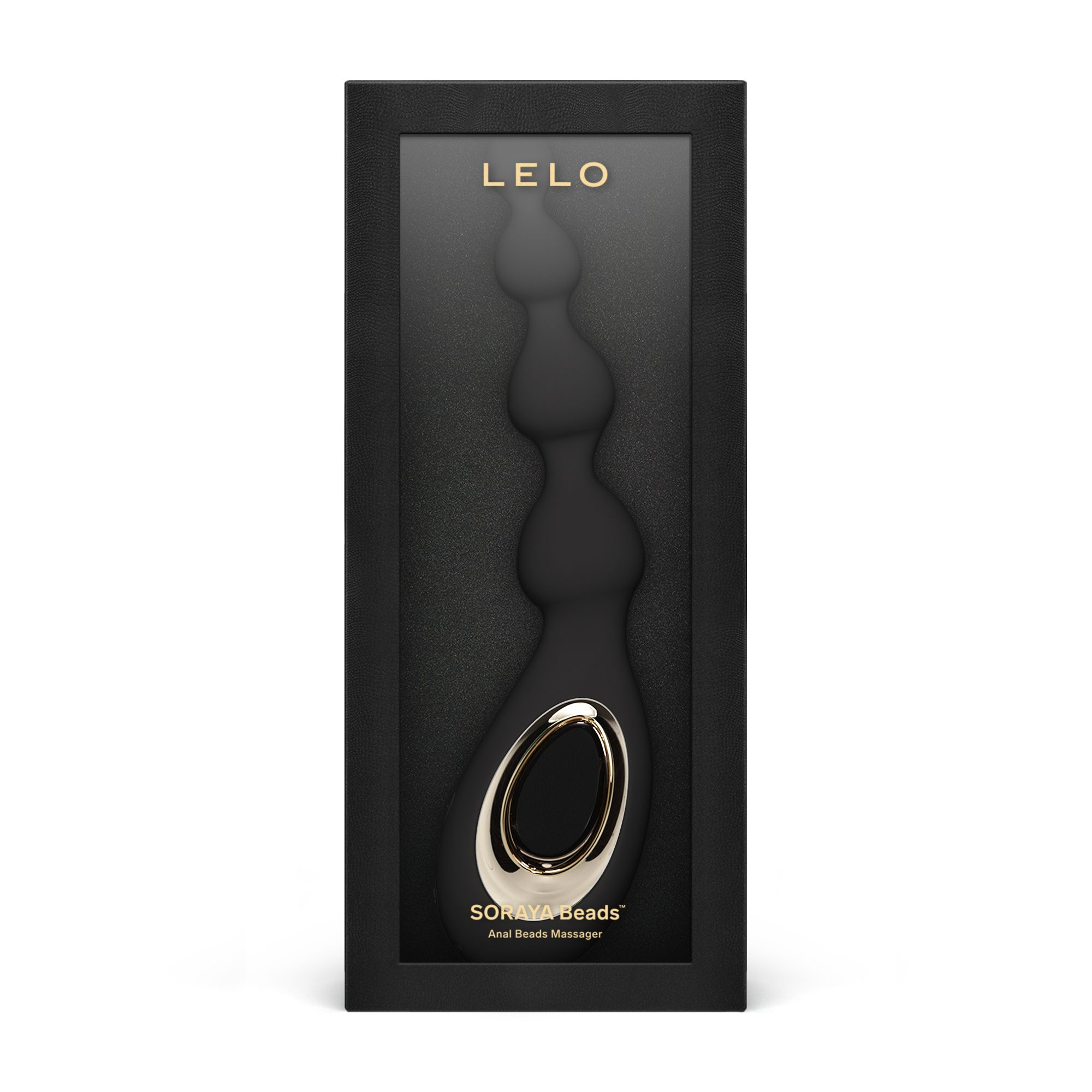 Un masajeador anal negro LELO Soraya Beads en caja negra.