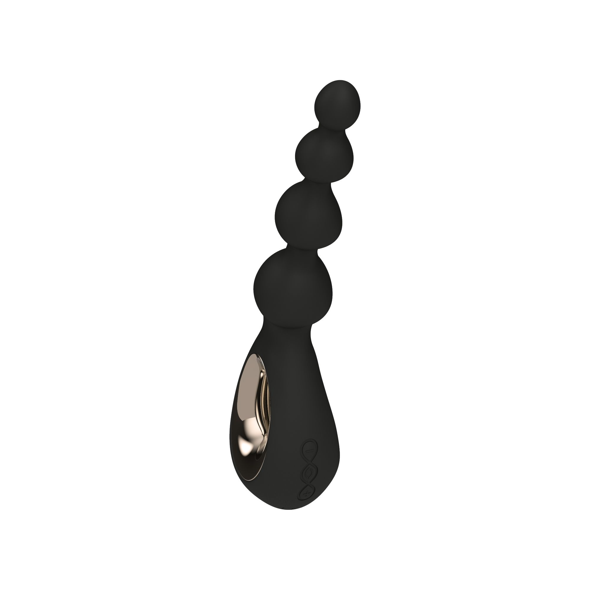 Un dispositivo de bienestar negro con un eje bulboso y base en forma de lágrima con acentos dorados.