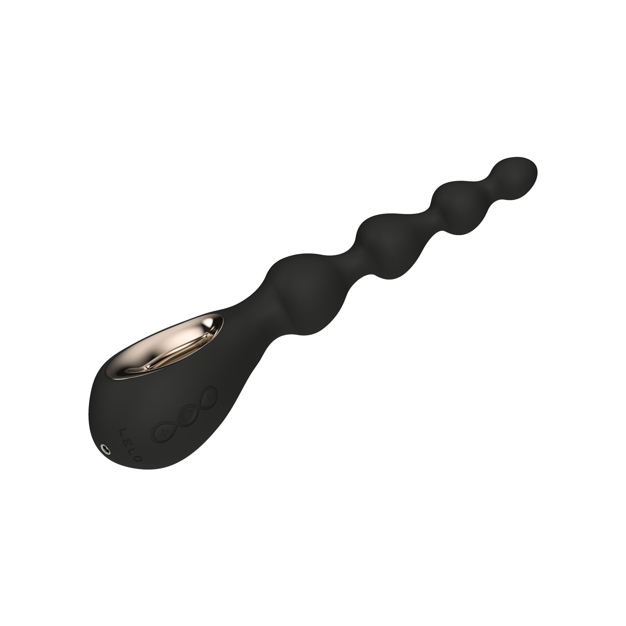 Un vibrador negro con eje ondulado y un anillo dorado en el mango.