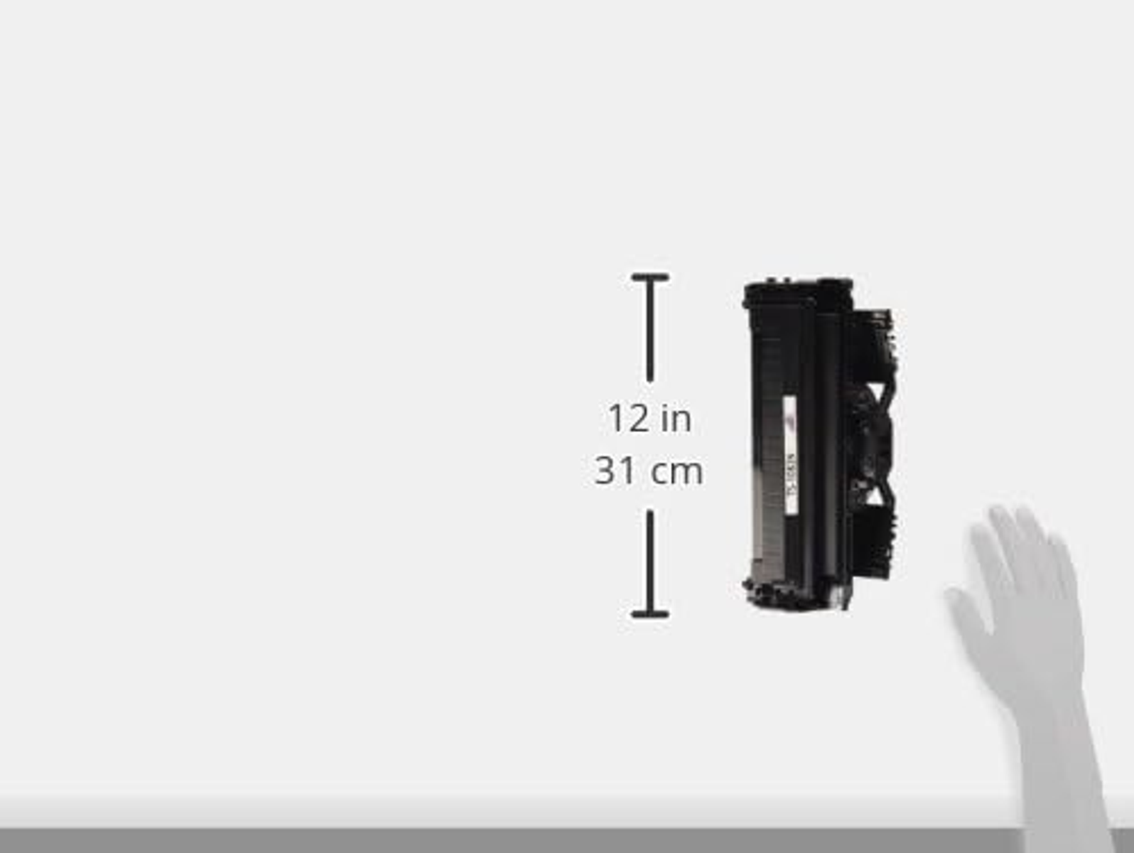 Cartuccia toner nera mostrata verticalmente con misure 12 pollici e 31 cm.