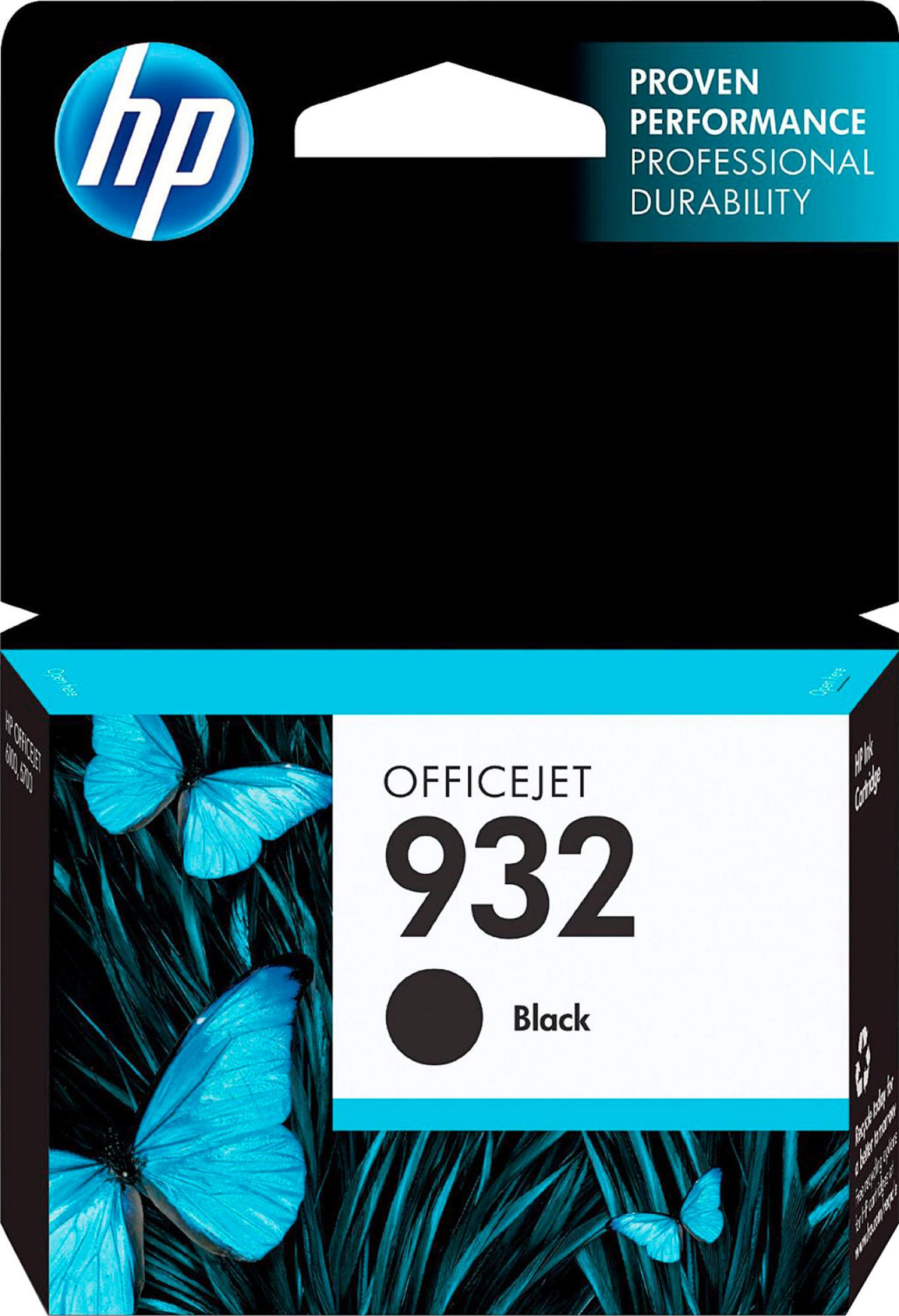 Cartouche d'encre noire HP OfficeJet 932 avec motif papillon.
