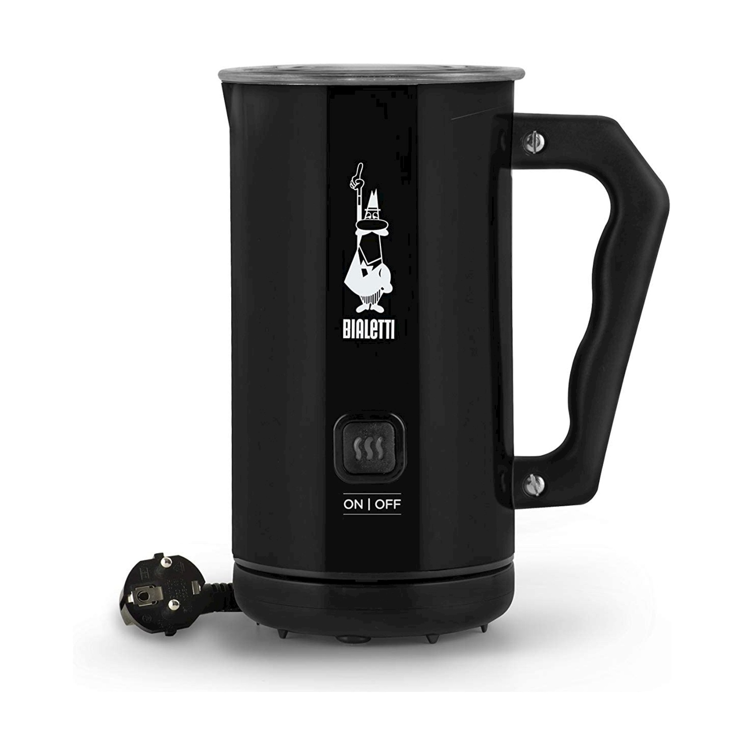 Black Bialetti milk frother with a white logo and an on/off button.