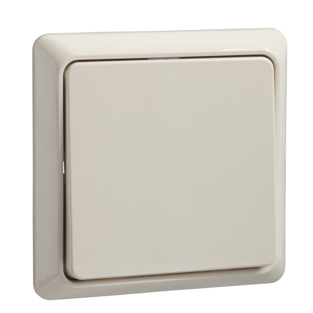 Un interruttore della luce quadrato beige chiaro con cornice smussata su sfondo bianco.