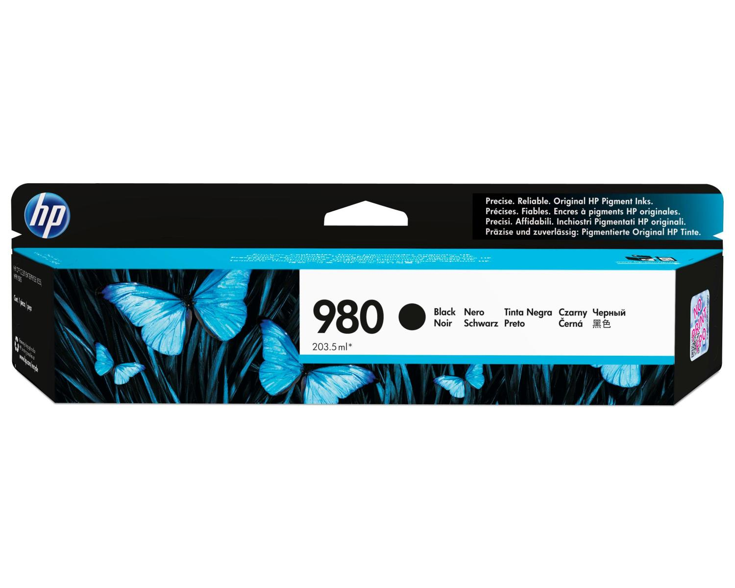 Cartuccia d'inchiostro HP 980 con farfalle blu e testo.