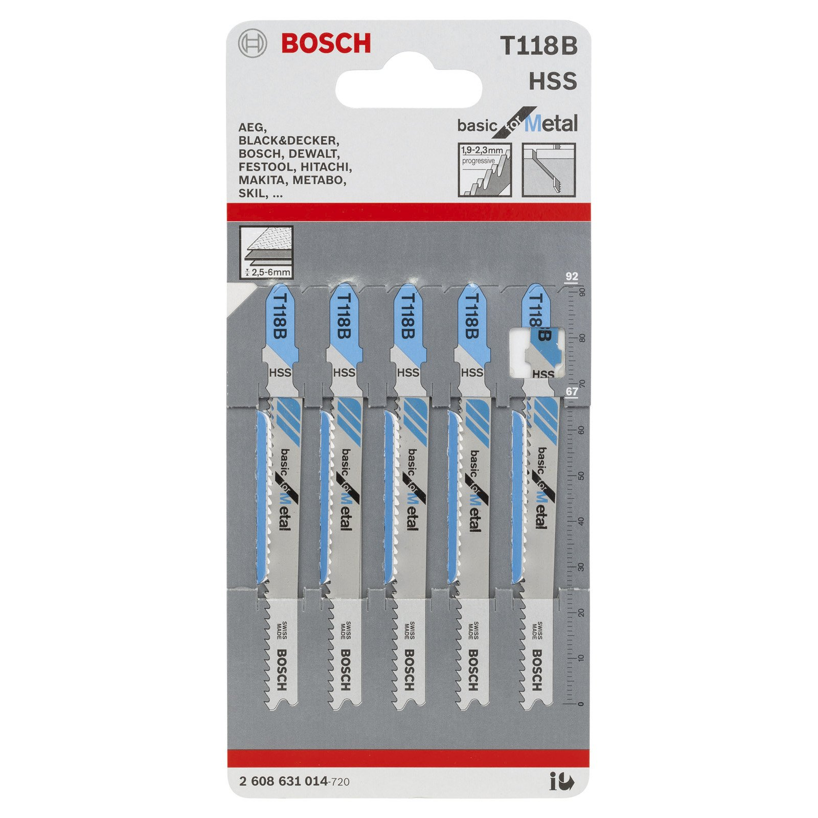 Bosch T118B HSS Stichsägeblätter für Metall, 5 Stück im Paket.