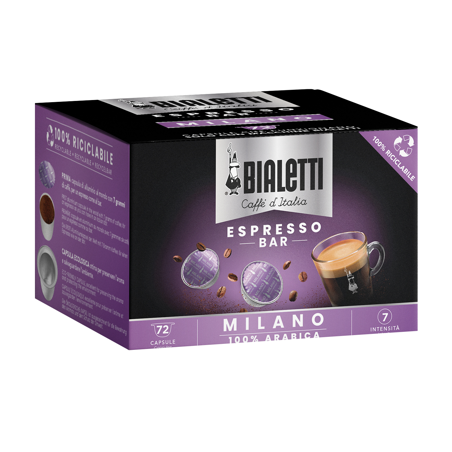 Scatola di capsule caffè Bialetti Espresso Bar Milano 100% Arabica con tazzina da espresso.