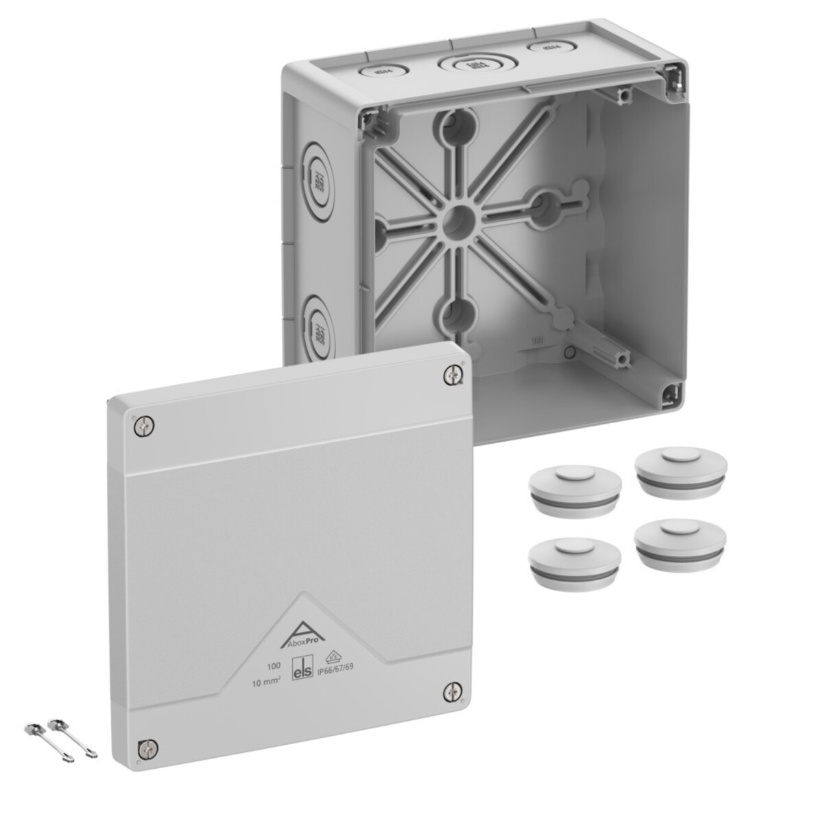 Contenitore elettrico grigio chiaro aperto con coperchio staccato, mostra griglia interna.