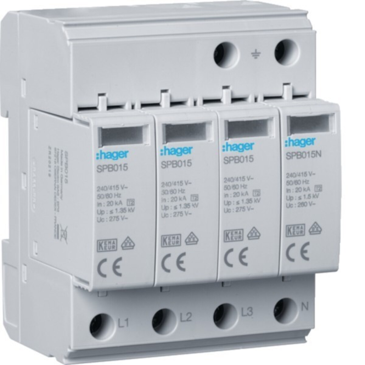 Scarico per sovratensioni bianco con quattro moduli. Terminali L1, L2, L3, N.