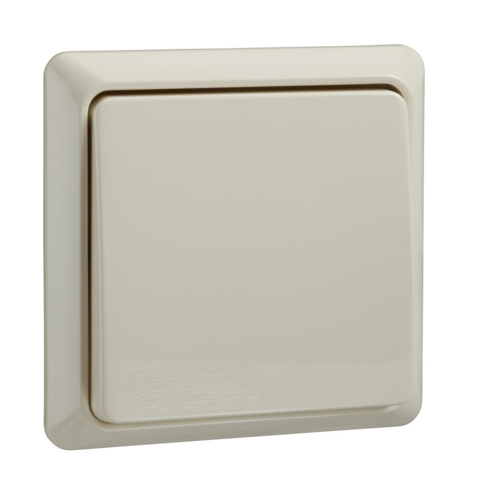 Un interruttore della luce beige chiaro con pulsante quadrato è mostrato su sfondo bianco.