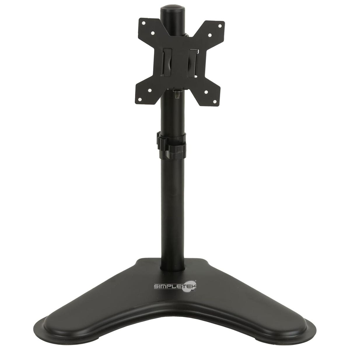 Supporto per monitor nero con base larga e asta regolabile in altezza.