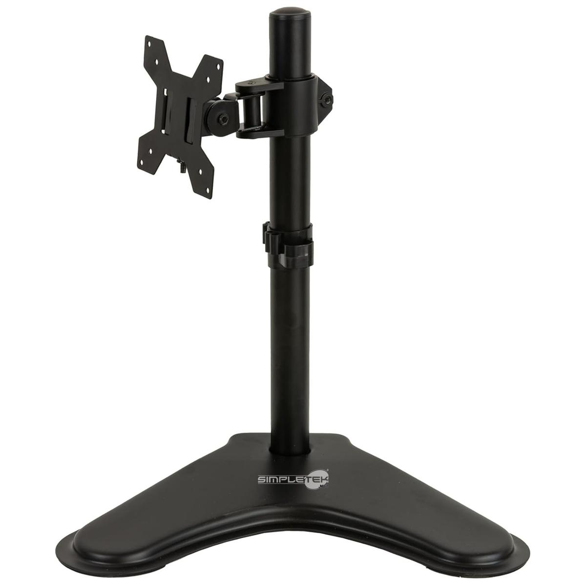 Un supporto per monitor nero con base triangolare e braccio regolabile.