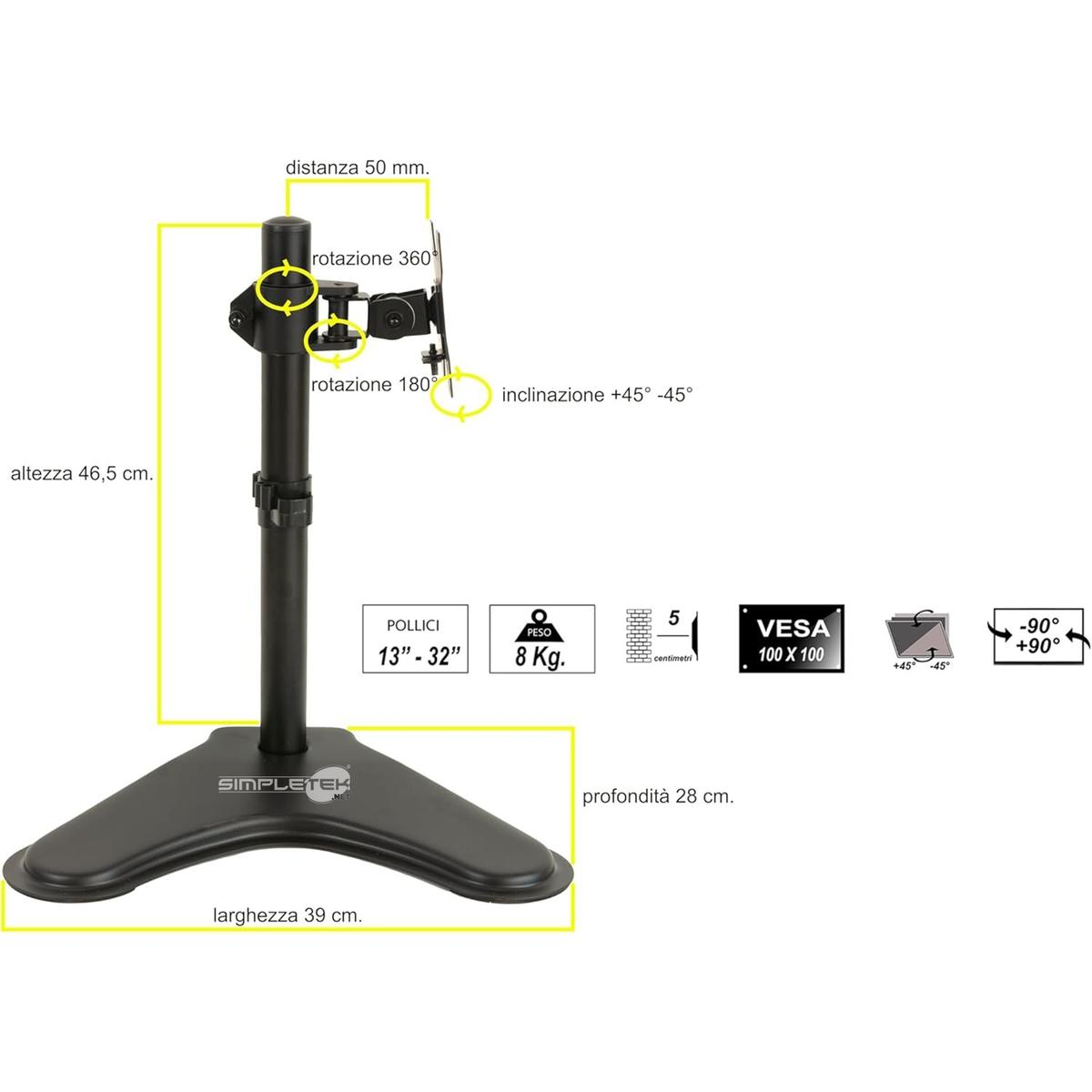 Supporto monitor nero che mostra dimensioni: altezza 46,5cm, larghezza 39cm, profondità 28cm.