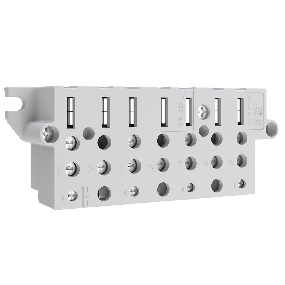 Connettore elettrico grigio con terminali numerati e fissaggi a vite. Marcato 16 A 634.