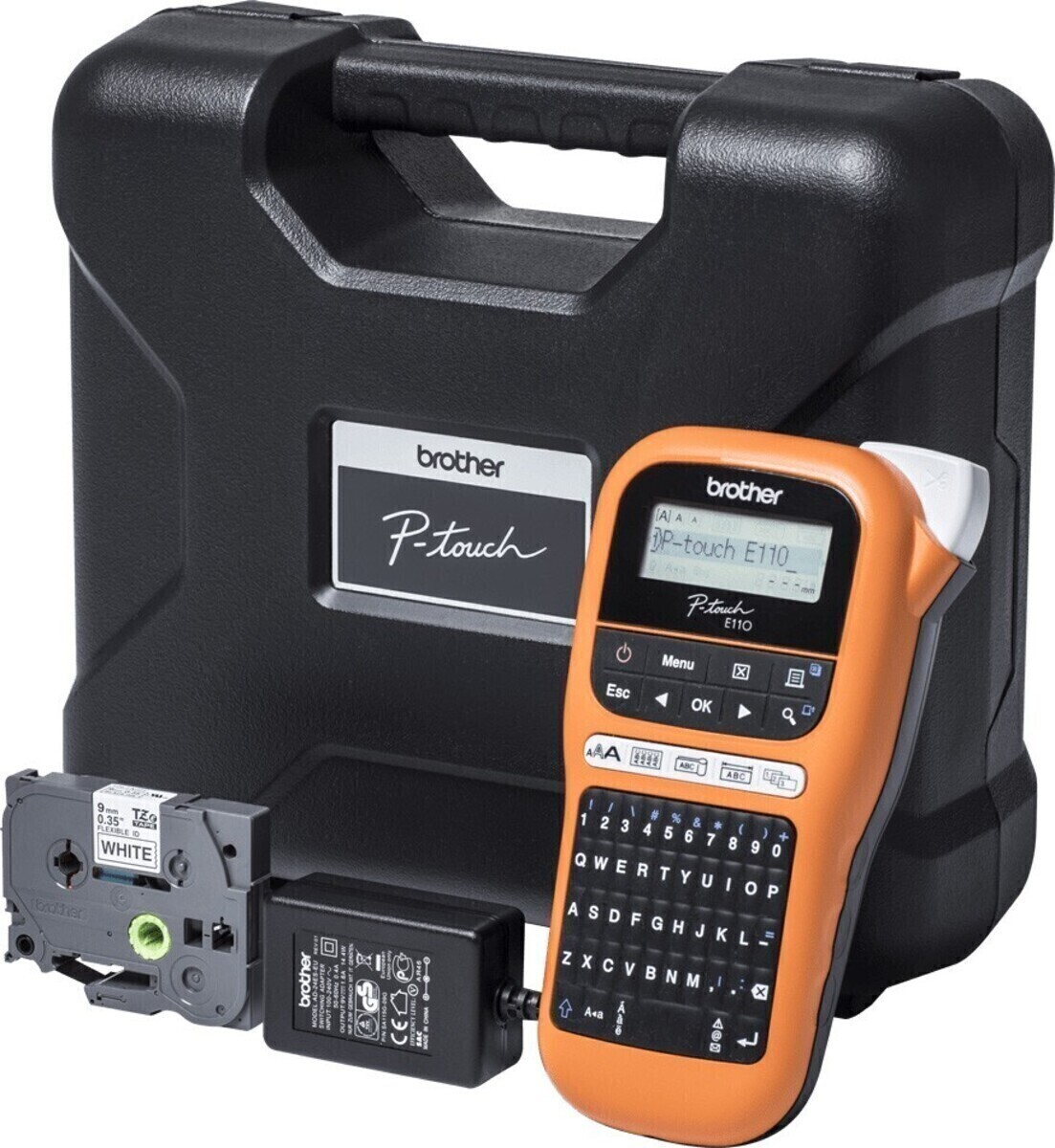 Kit etichettatrice Brother P-touch E110 con custodia, alimentatore e nastro.