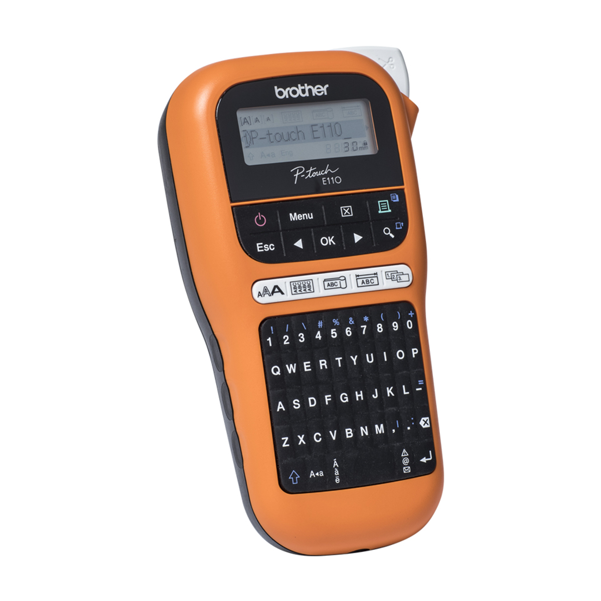 Una etichettatrice Brother P-touch E110 arancione con tastiera QWERTY e schermo.