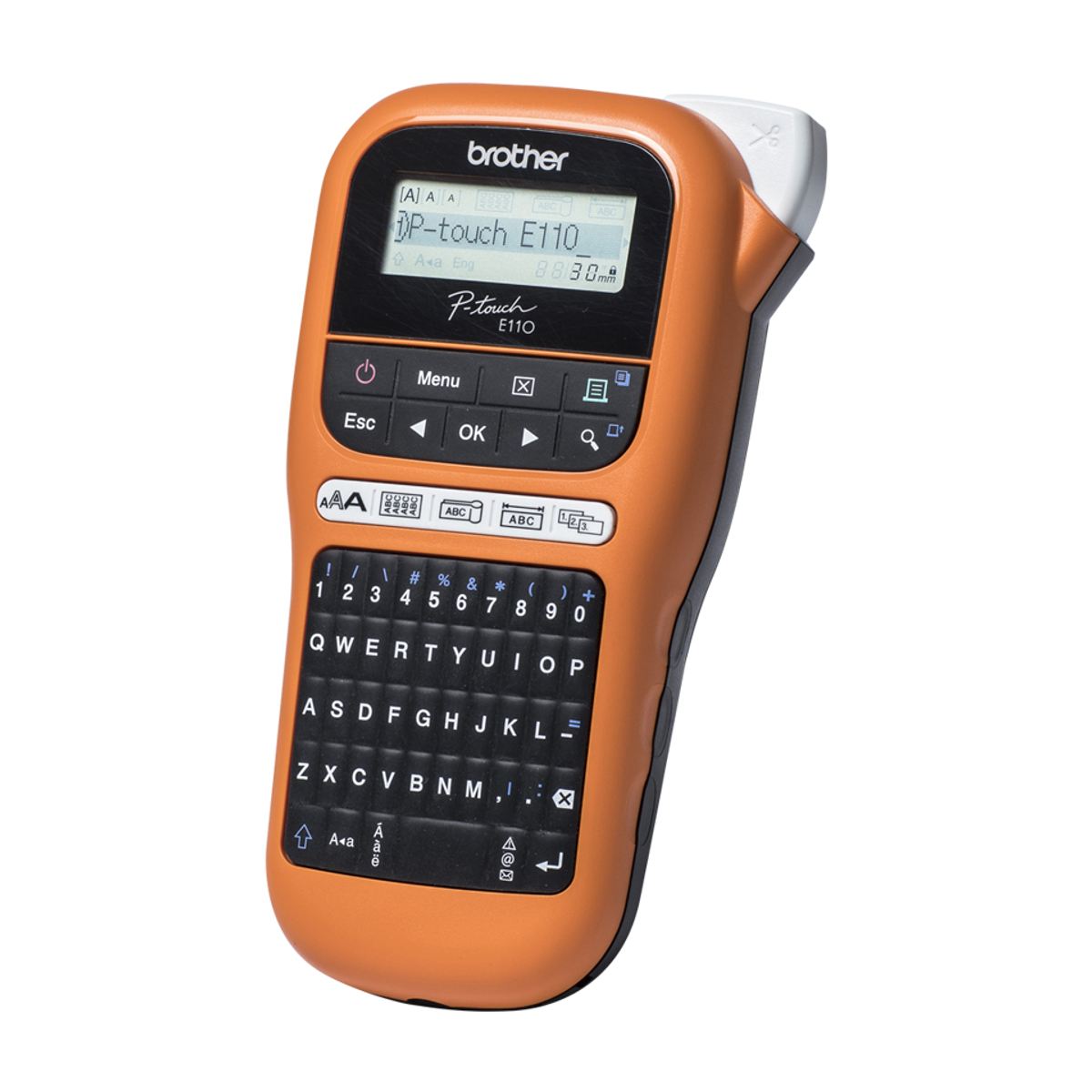 Etichettatrice Brother P-touch E110 arancione con tastiera e schermo.