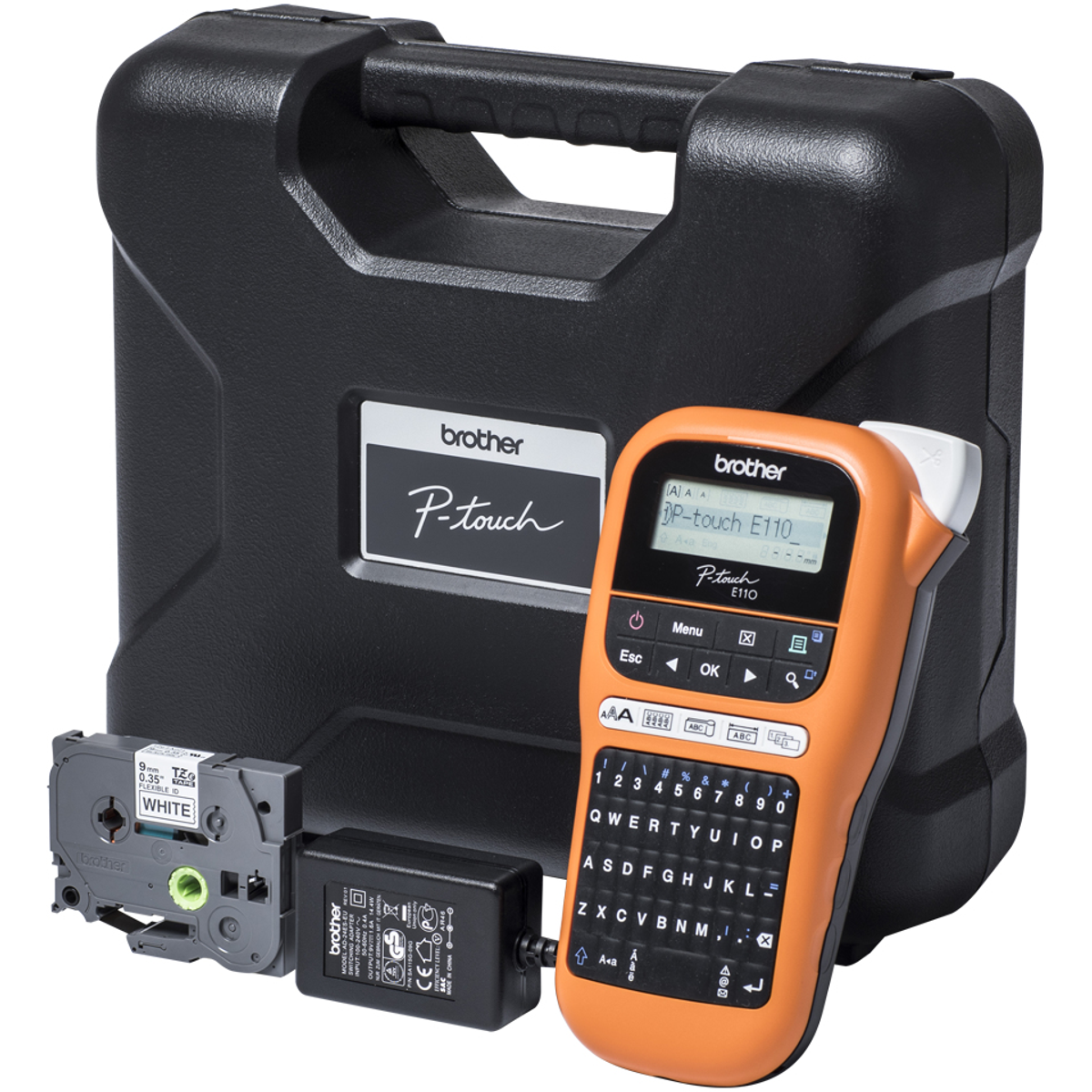 Etichettatrice Brother P-touch E110 con custodia, nastro e adattatore.