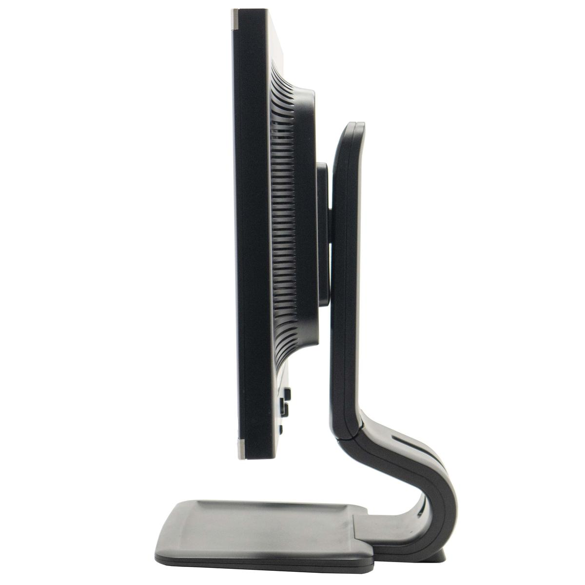 Vista laterale di un monitor per computer nero con supporto curvo su sfondo bianco.