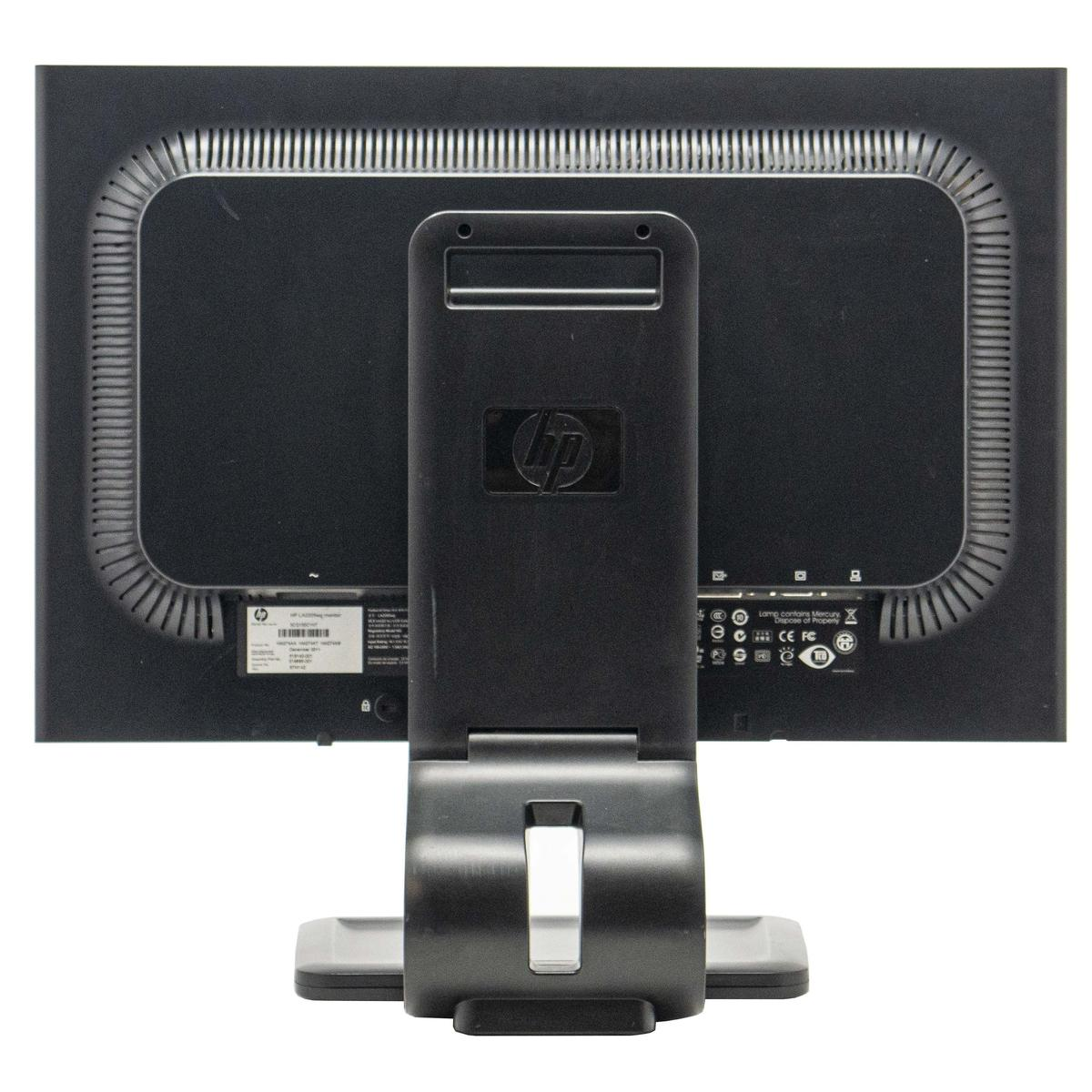 Vista posteriore di un monitor HP nero con fessure di ventilazione e supporto.