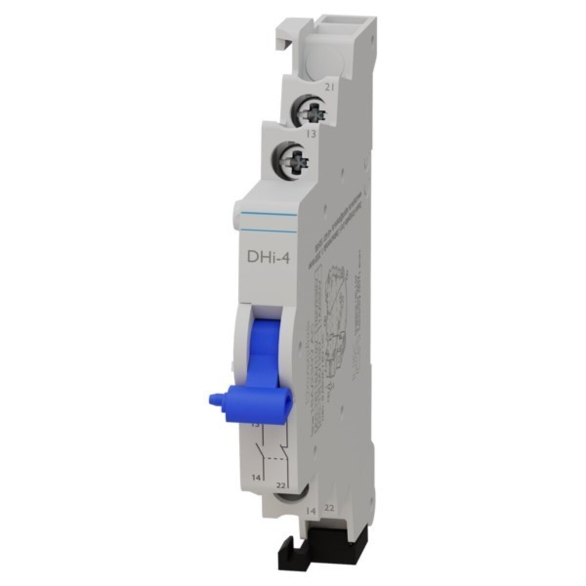 Interruttore bianco DHi-4 con leva blu. Simboli elettrici sull'alloggiamento.