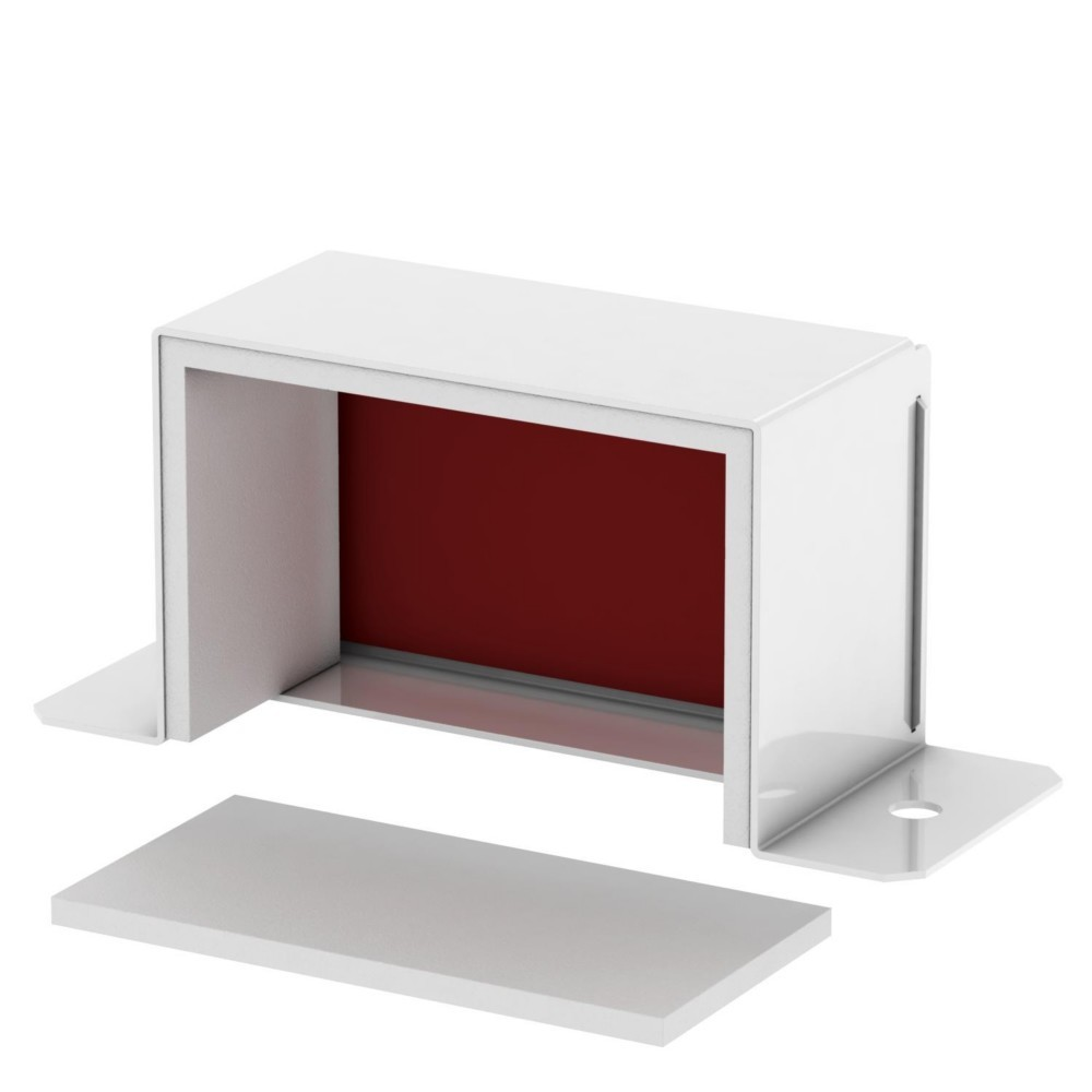 Una scatola bianca con interno rosso e una piastra grigia davanti.