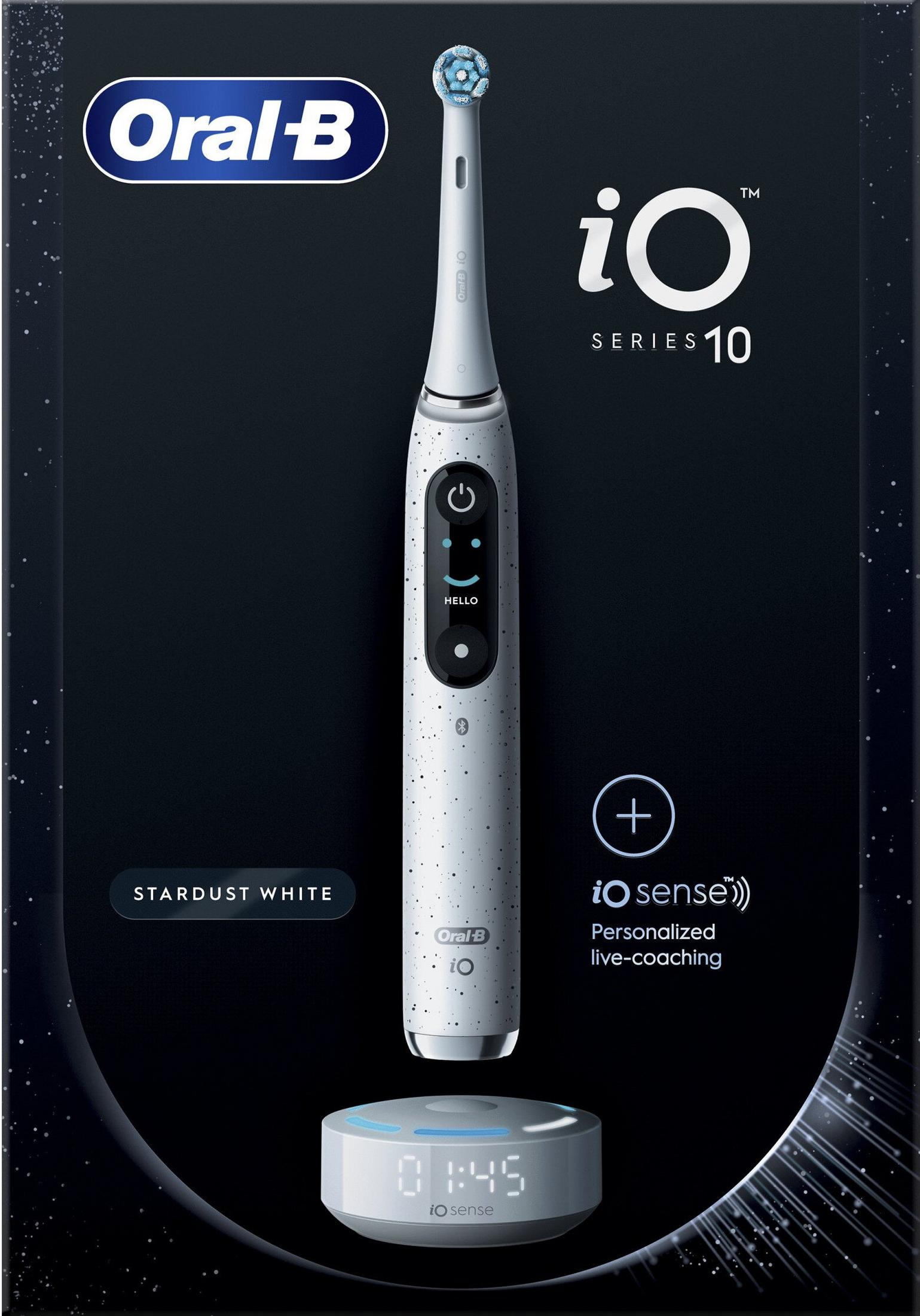 Szczoteczka Oral-B iO Series 10 Stardust White z bazą ładującą i zegarem.