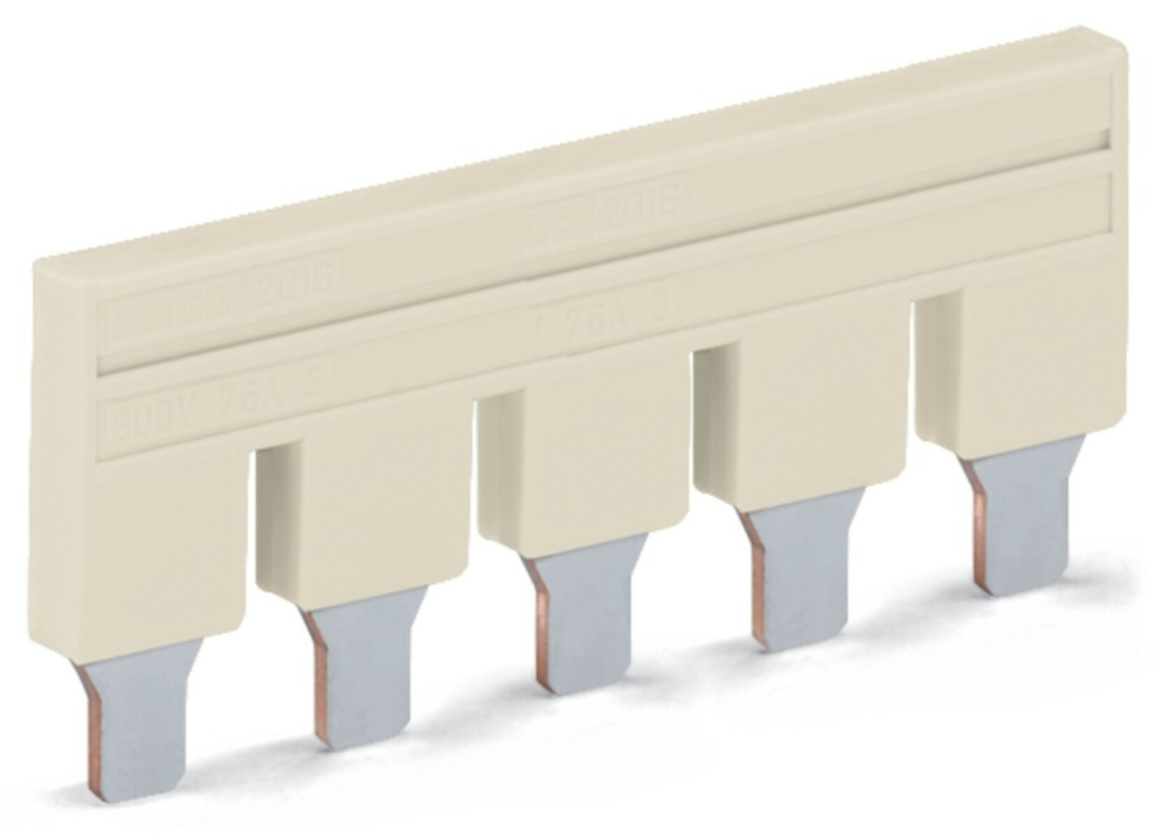 Un connettore elettrico beige con cinque rebbi metallici. Marcato '800V 76A 3'.