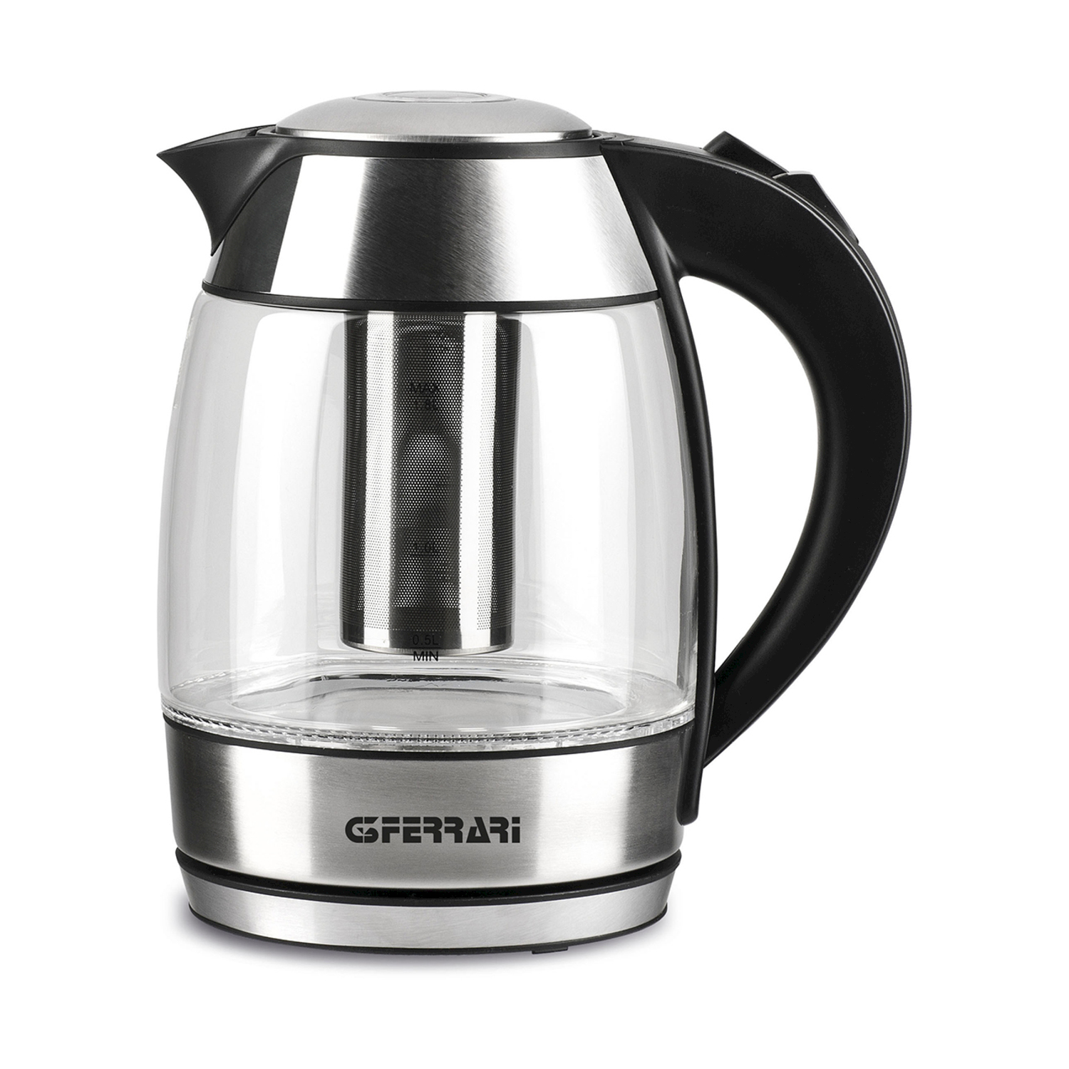 Szklany czajnik elektryczny ze stalową podstawą i czarnym uchwytem.