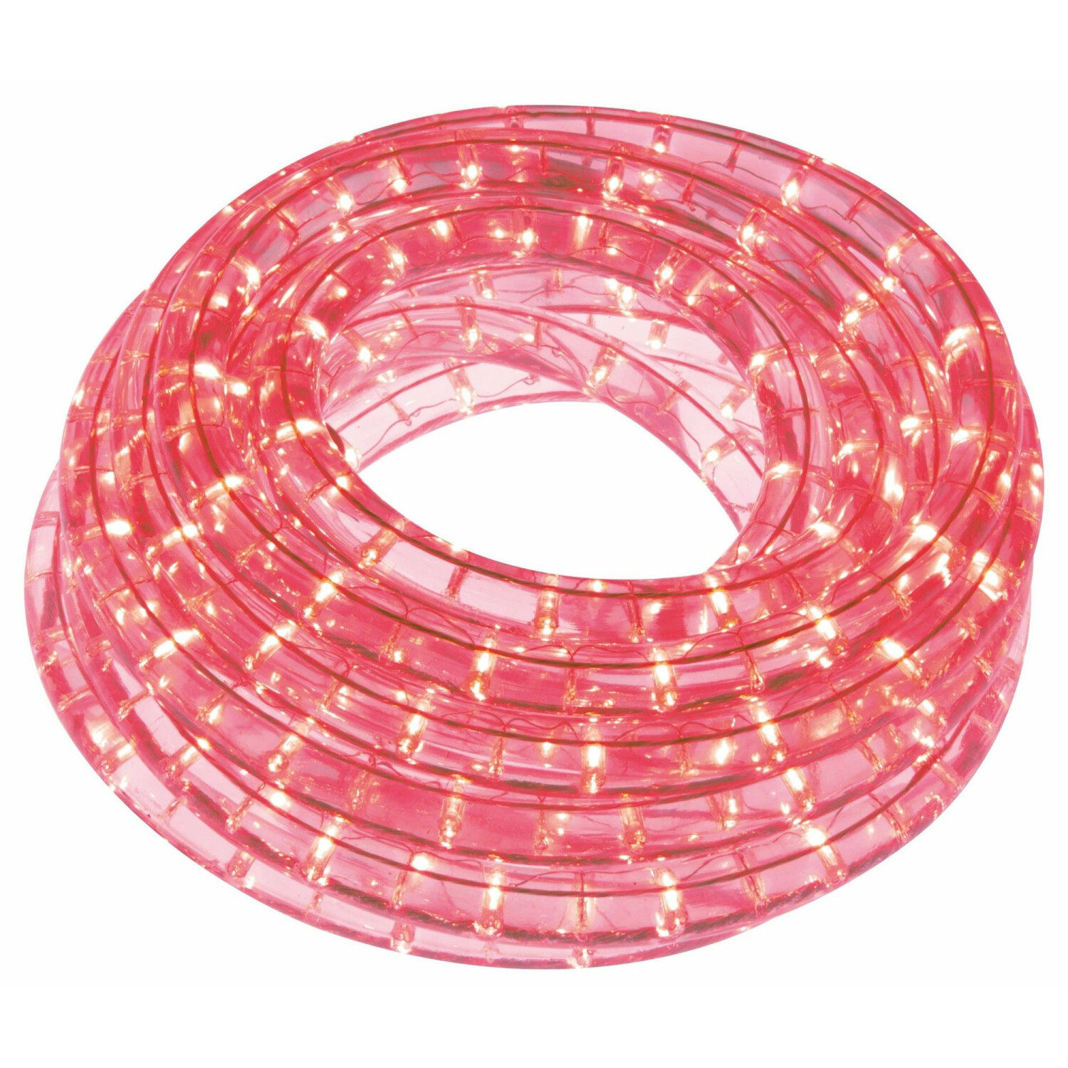 Una luce di corda rossa arrotolata con piccole lampadine LED bianche brillanti visibili all'interno.