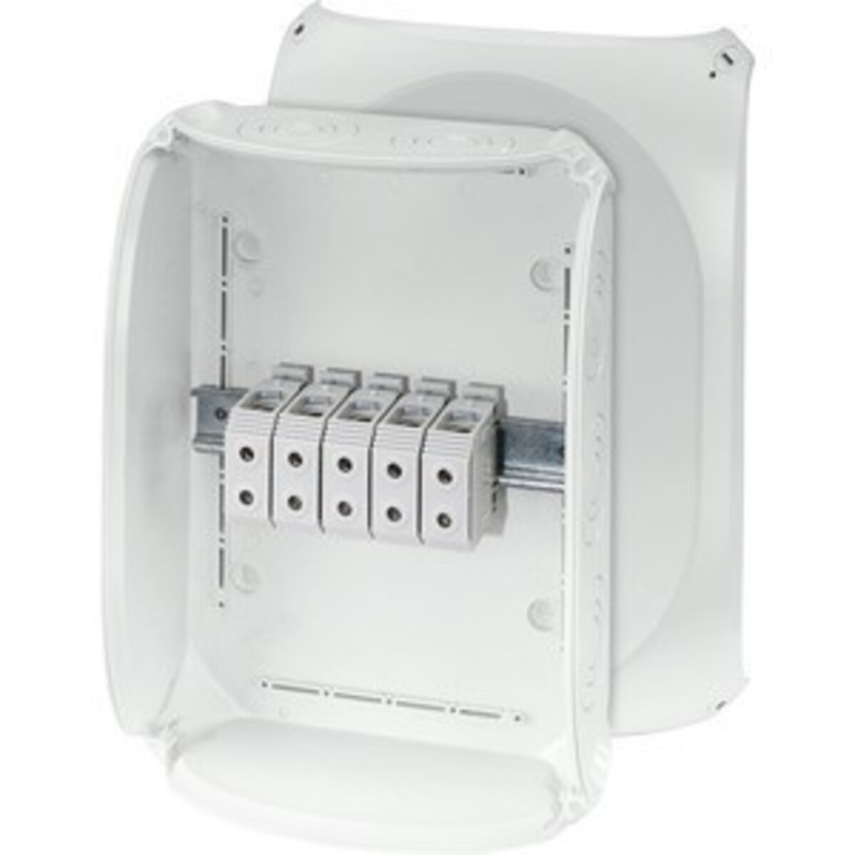Un quadro elettrico bianco con cinque portafusibili montati su una guida interna.