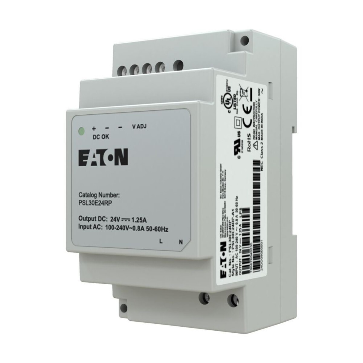 Alimentatore Eaton grigio con etichetta: uscita 24V, ingresso 100-240V.