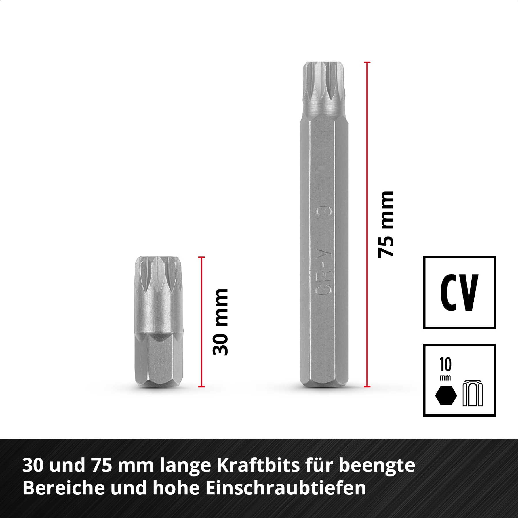 Due inserti Torx, lunghi 30 mm e 75 mm, con misure e simboli.